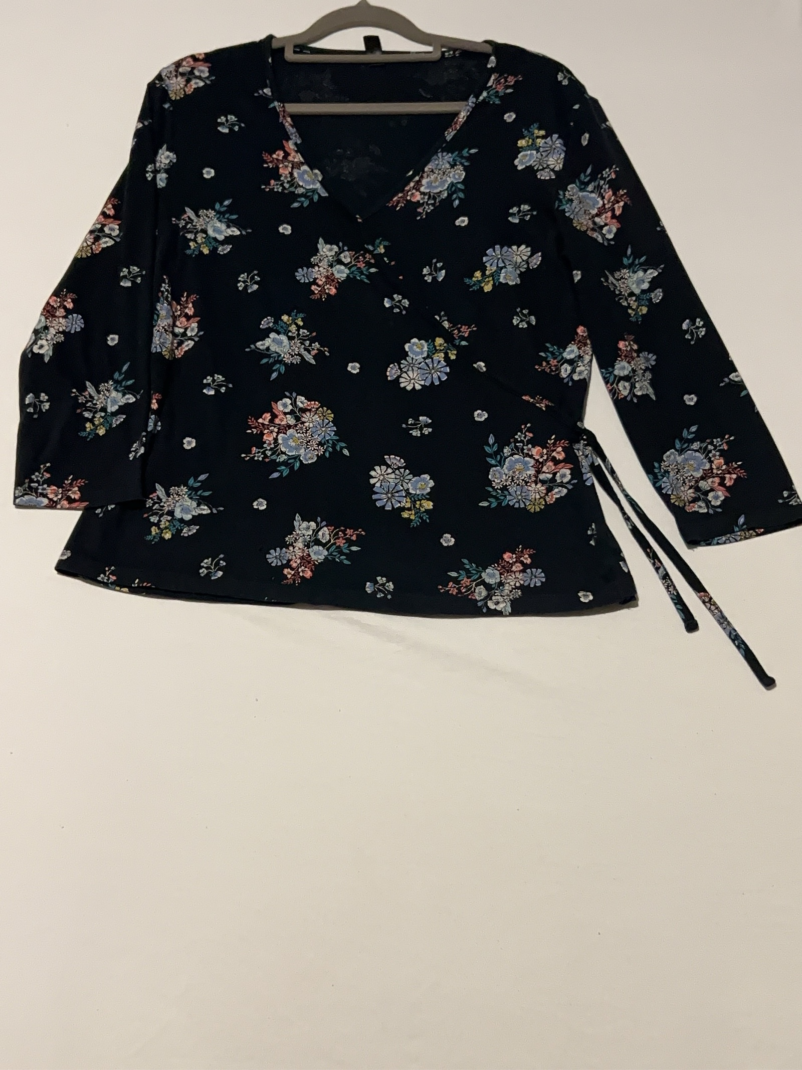 Woolworths Black Floral Wrap Top 3/4 Sleeve Medium