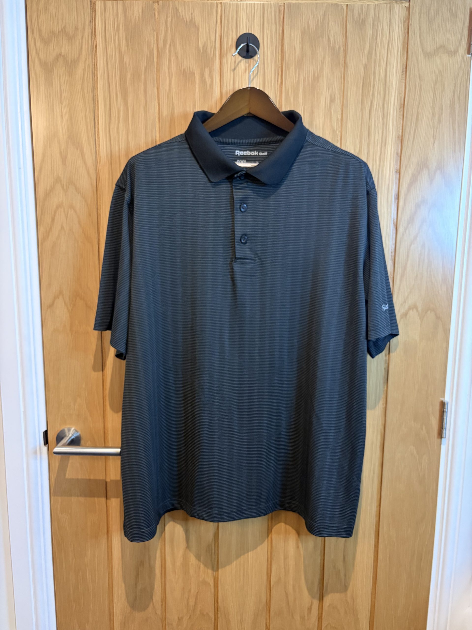 Reebok Mens Golf Polo Shirt 2XL Black Grey Stripe Pattern Smart Performance Sports Top