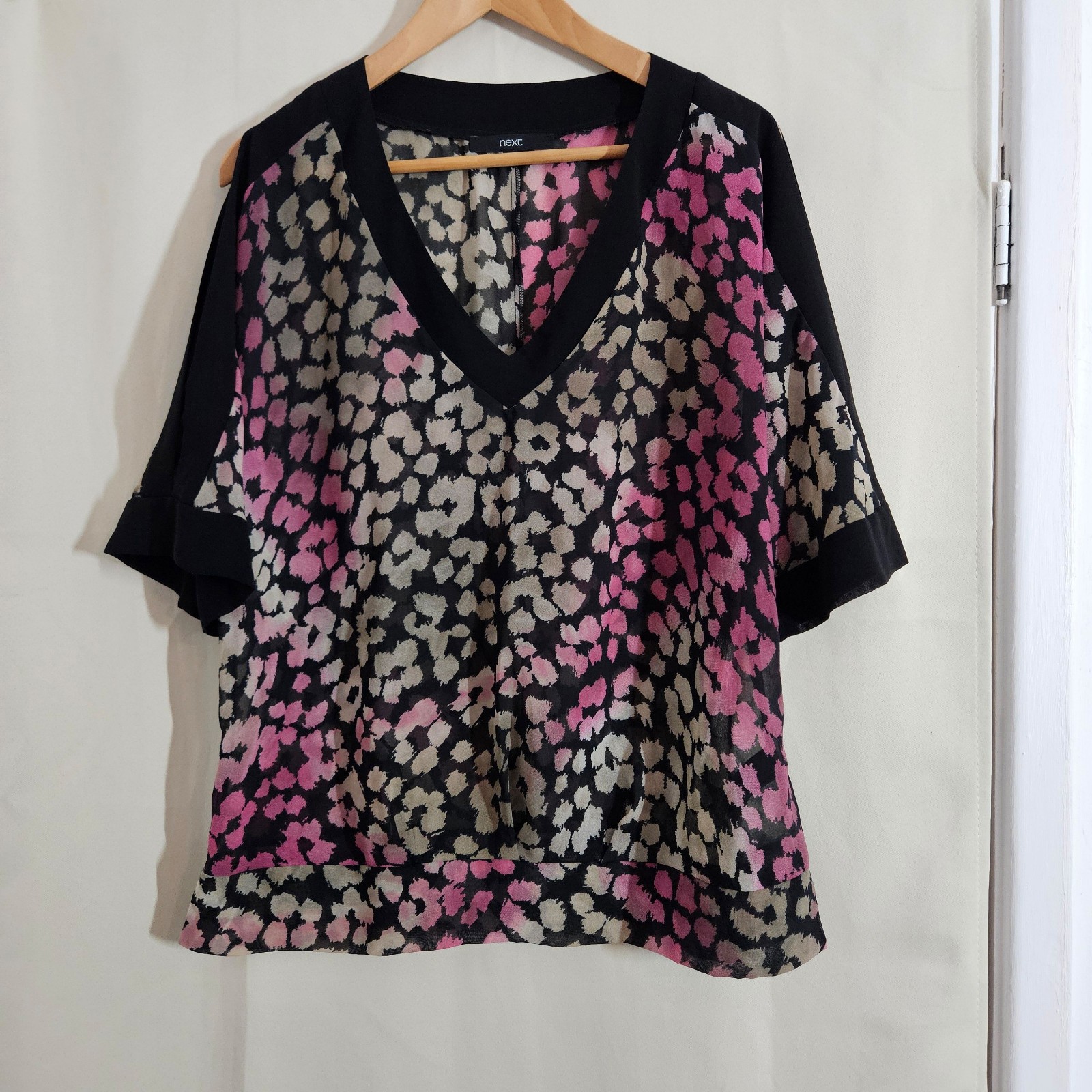 Next Pink/Beige & Black Animal Print Sheer V-Neck Blouse UK 12