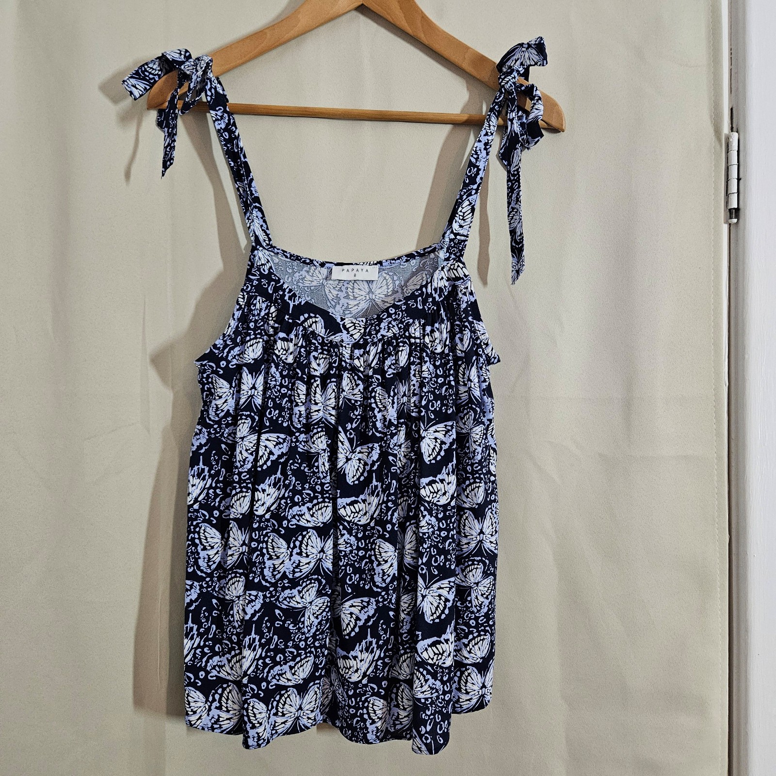 Papaya Navy & White Butterfly Print Tie Straps Top UK 8