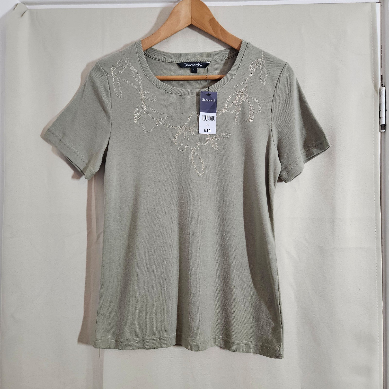 Bonmarché Sage Green Embroidered Short Sleeve Top UK 10