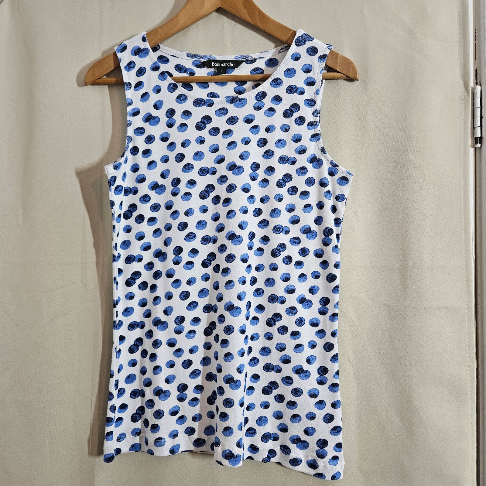 Bonmarché White & Blue Polka Dot Sleeveless Top UK 10