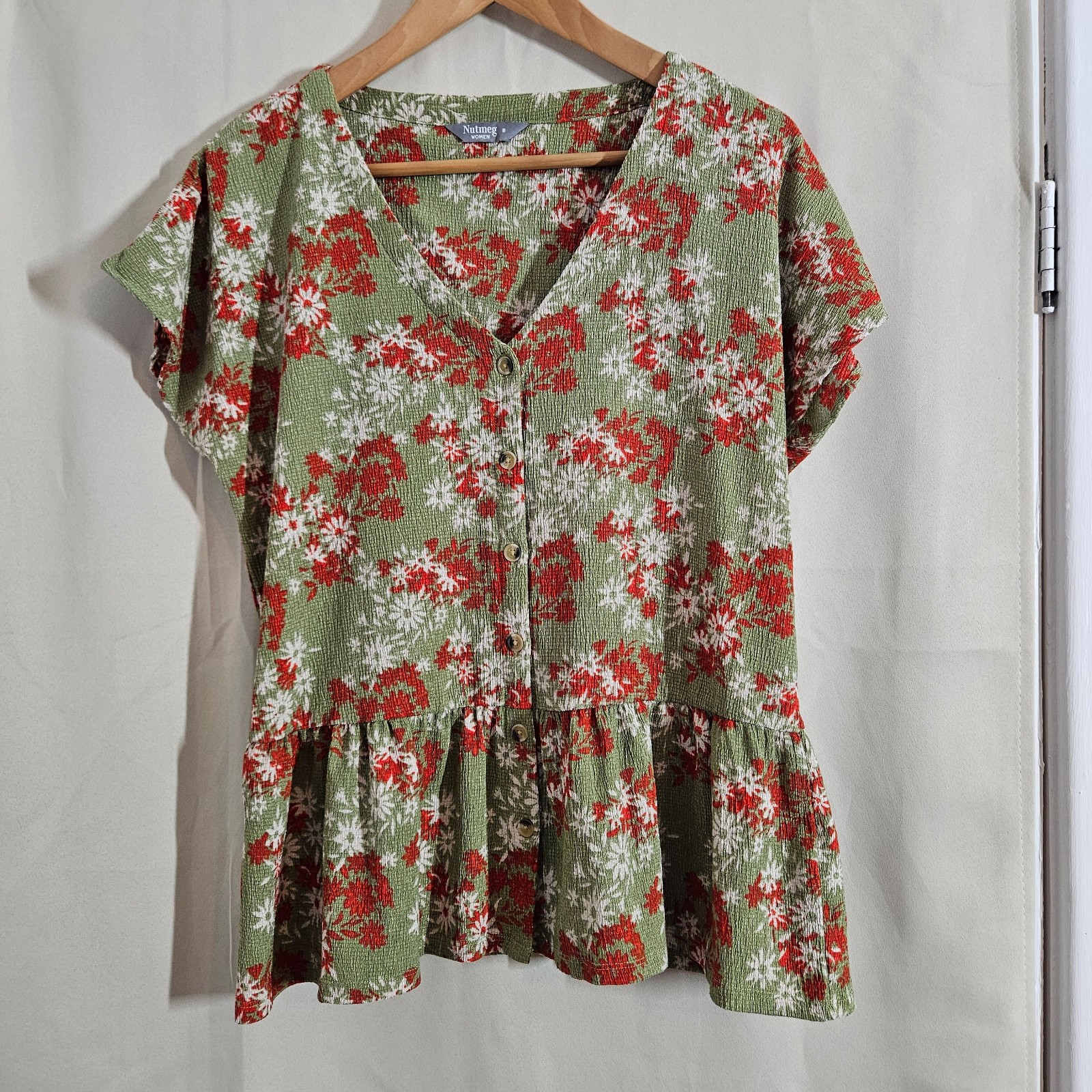 Nutmeg Green & Red Floral Peplum Top UK 8