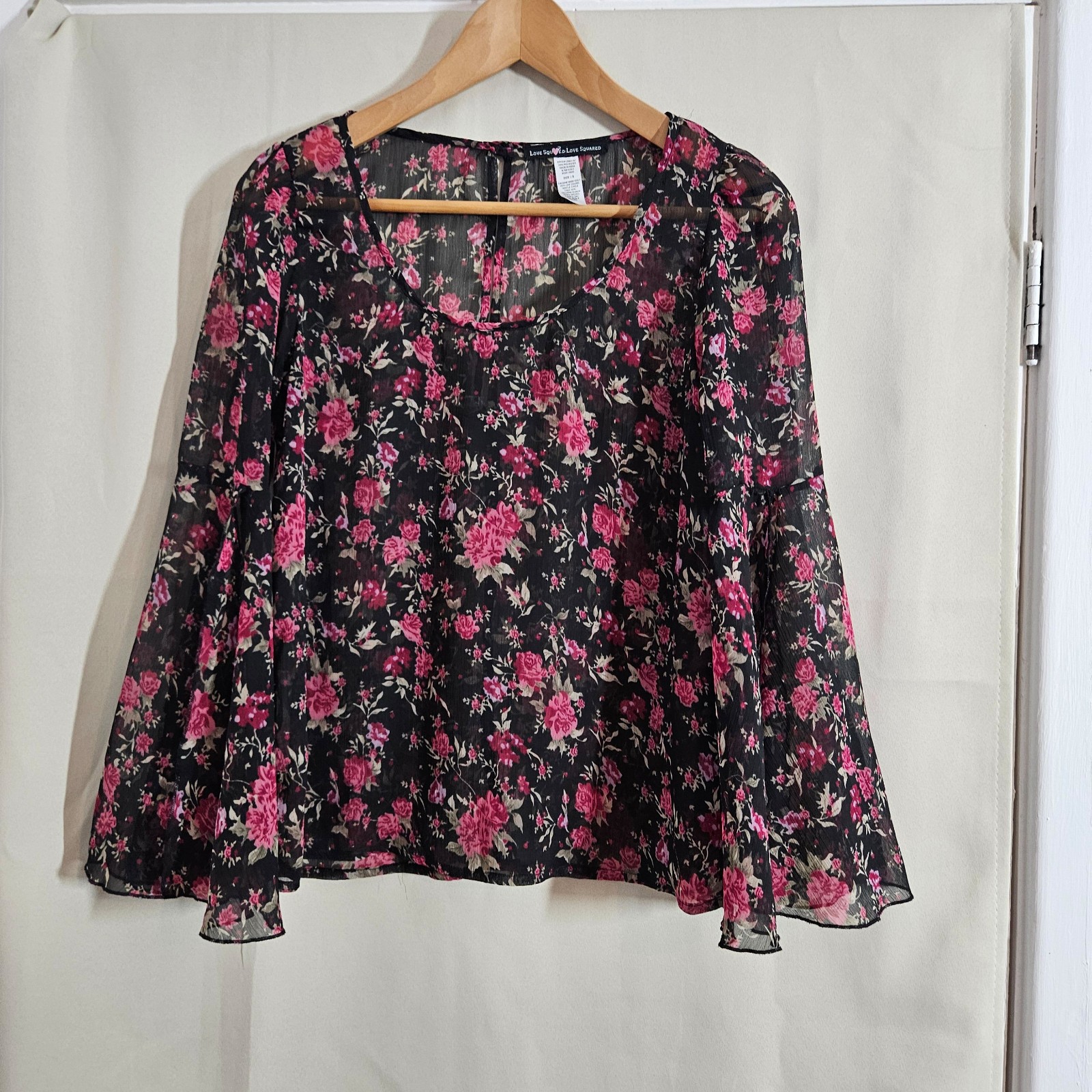 Love Squared Black & Pink Floral Sheer Top UK S