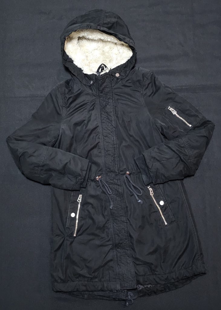 H&M Black Hooded Parka Jacket UK 8 Faux Fur Lined