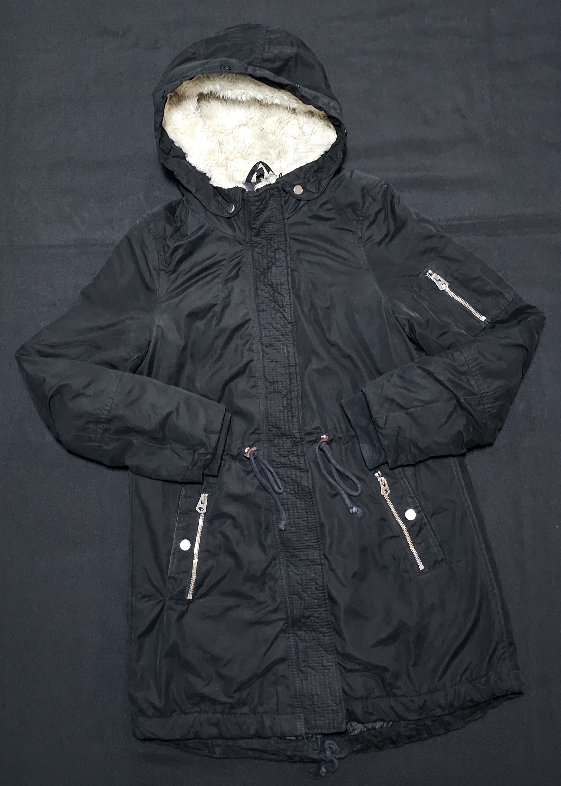 H&M Black Hooded Parka Jacket UK 8 Faux Fur Lined