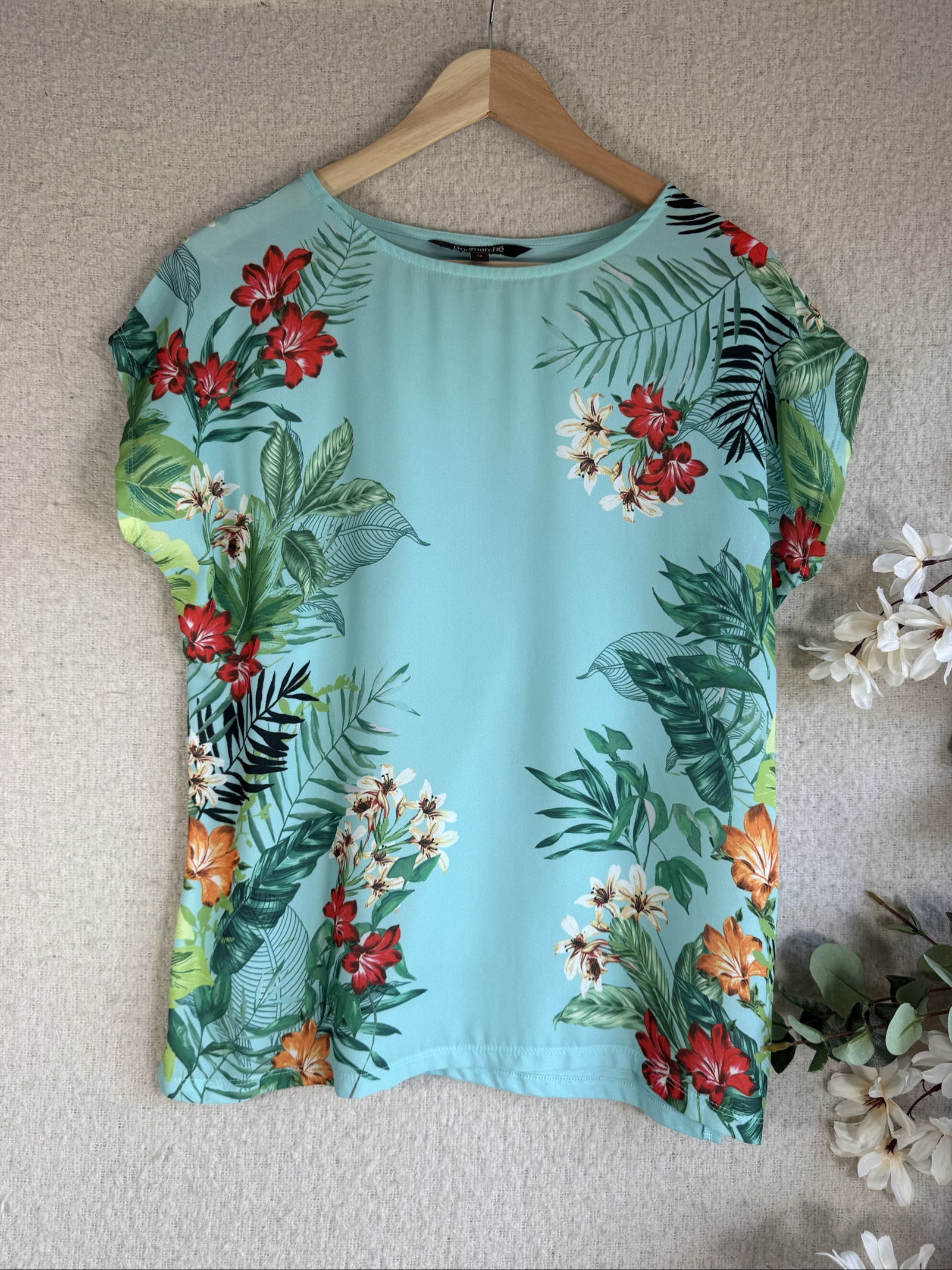 Bonmarché Aqua Floral Print Casual Top UK 12 Polyester Cotton Mix