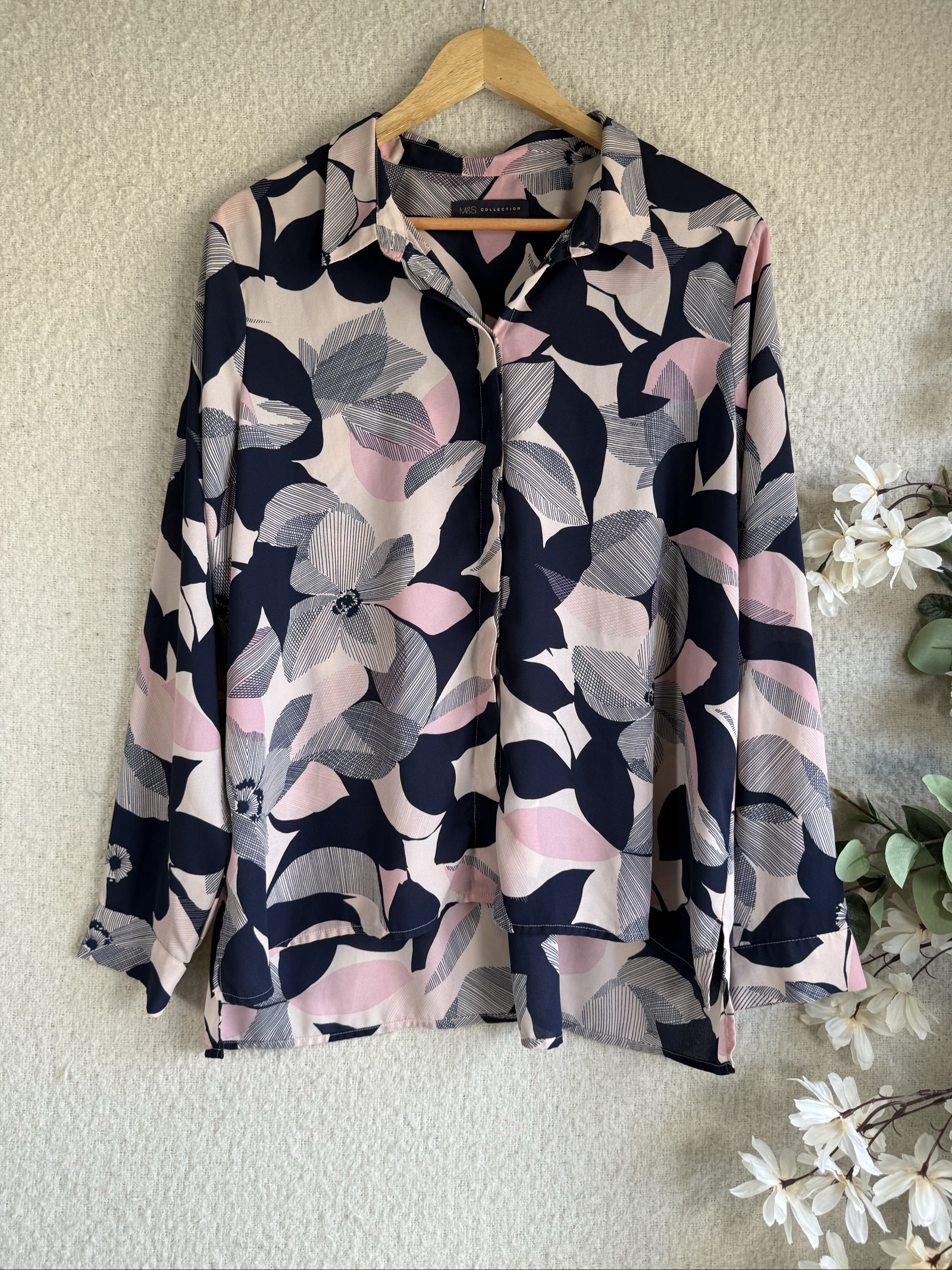 M&S Collection Navy Pink Floral Print Long Sleeve Shirt UK 22 Relaxed Fit