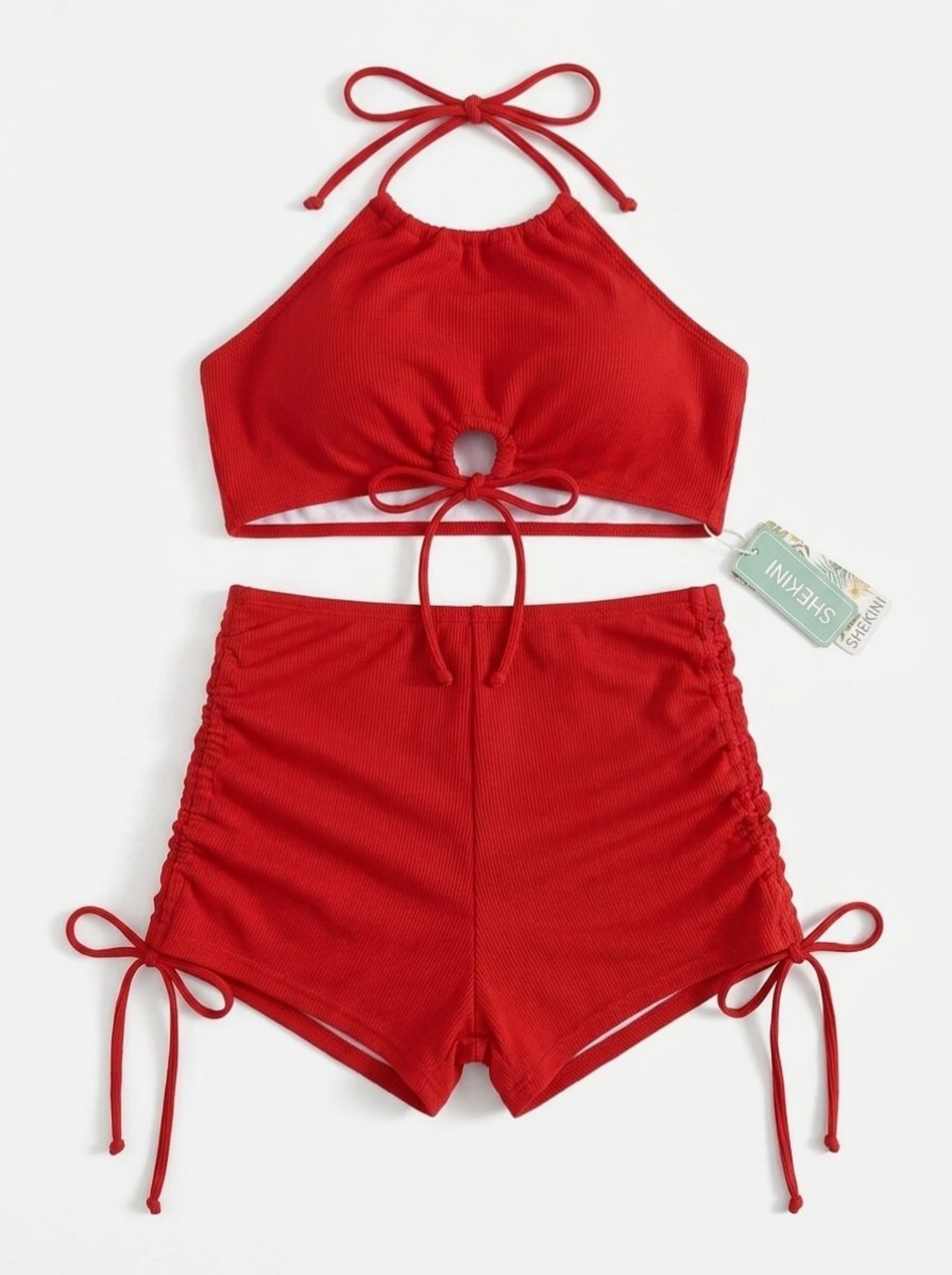 Shein Red Ribbed Halter Swim Shorts Set Medium