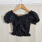 Black Cropped Puff Sleeve Smocked Top S