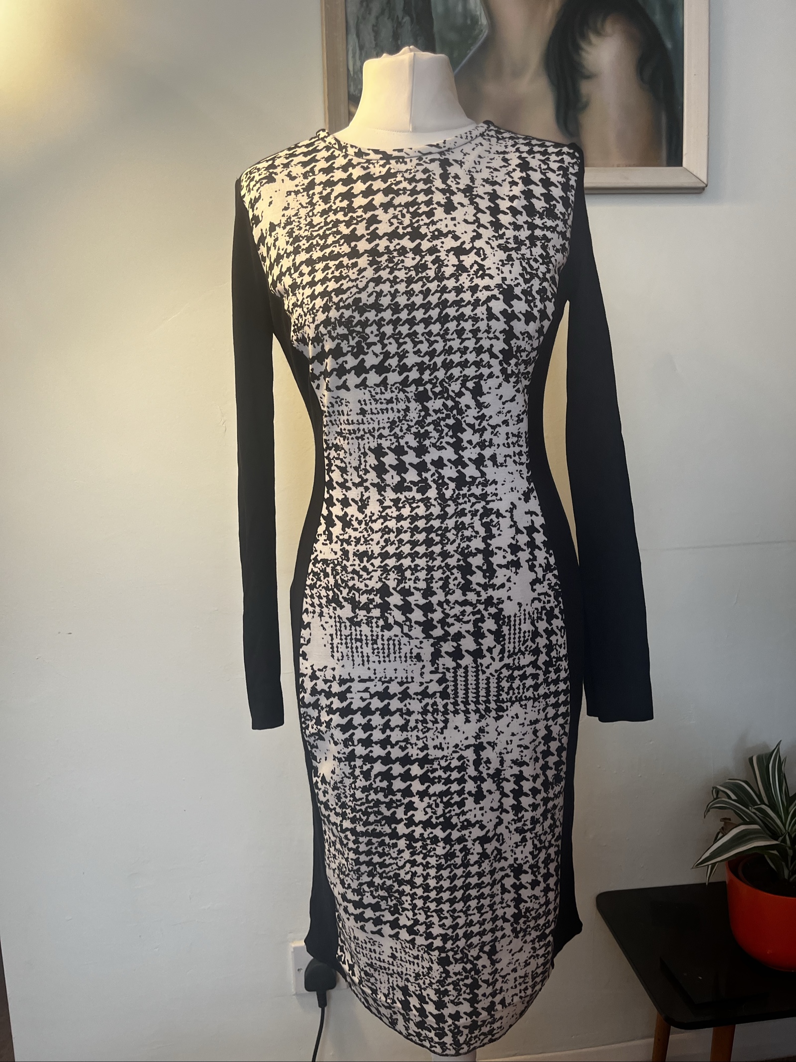 Mango Black & White Houndstooth Bodycon Dress Medium