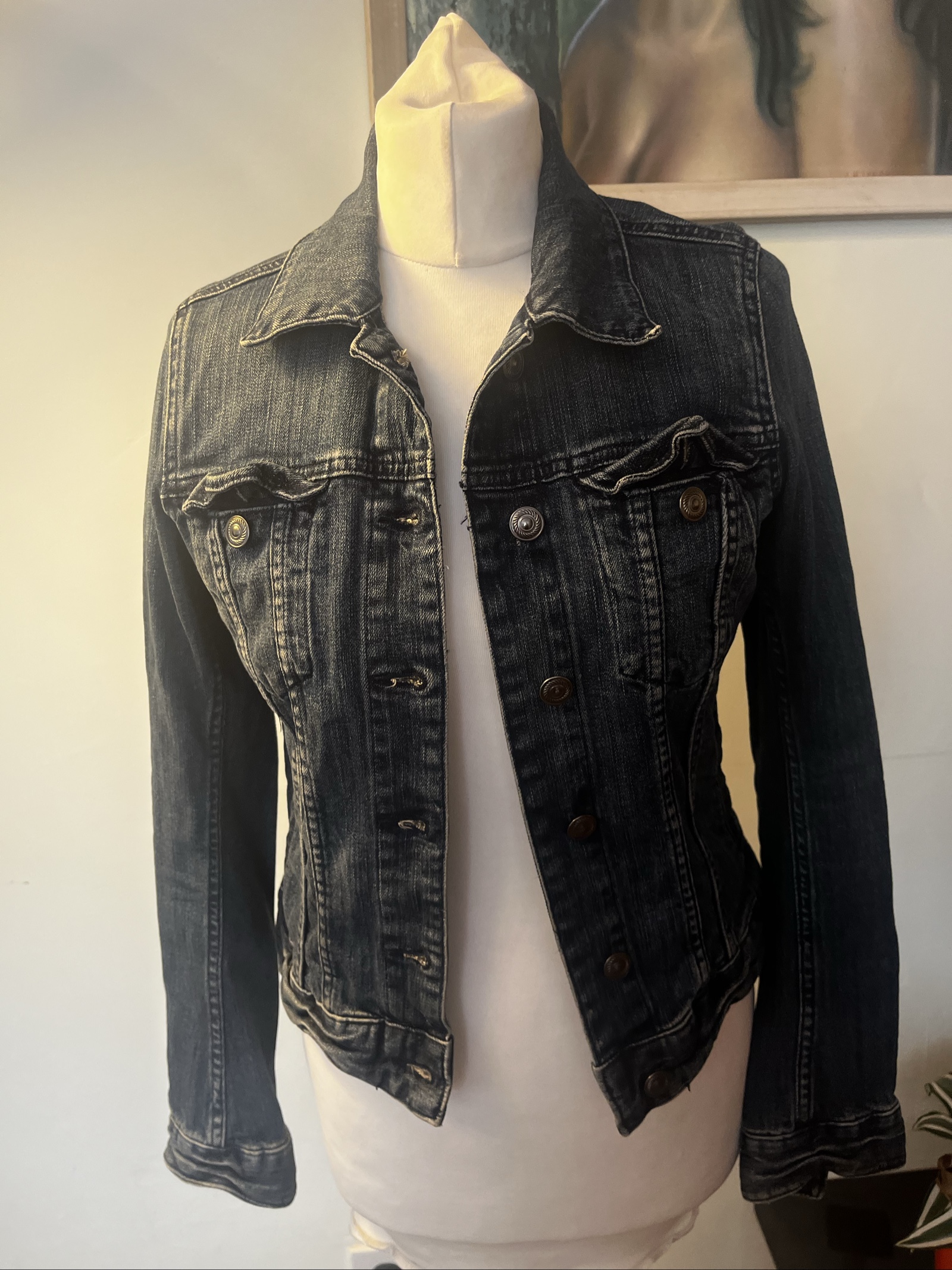 H&M Black Denim Jacket Women Small Fitted Classic Style