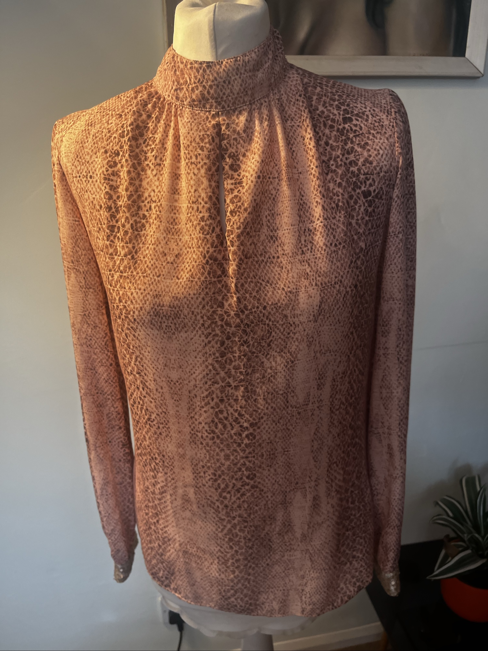 Mango Pink Brown Snake Print Sequin Cuff Blouse EUR S