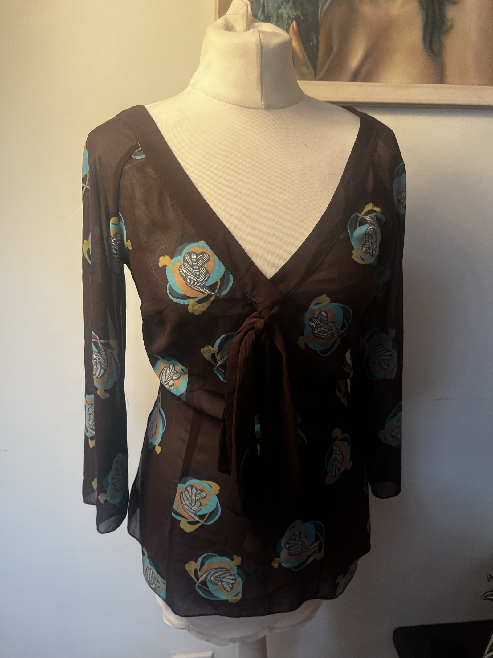 Mexx Brown Floral Tie-Front Sheer Top UK 8 Medium