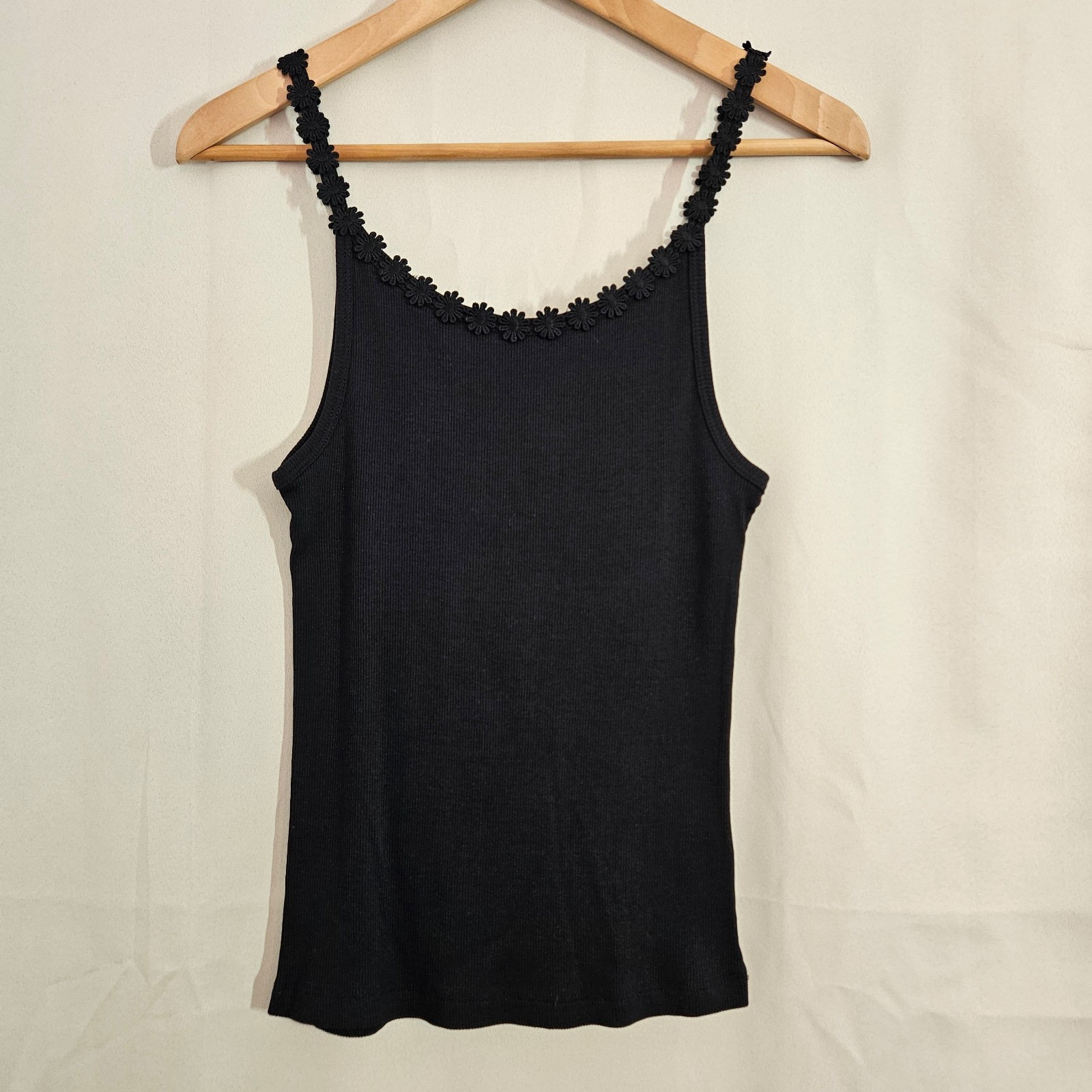 Papaya Black Ribbed Floral Trim Camisole Top UK 8