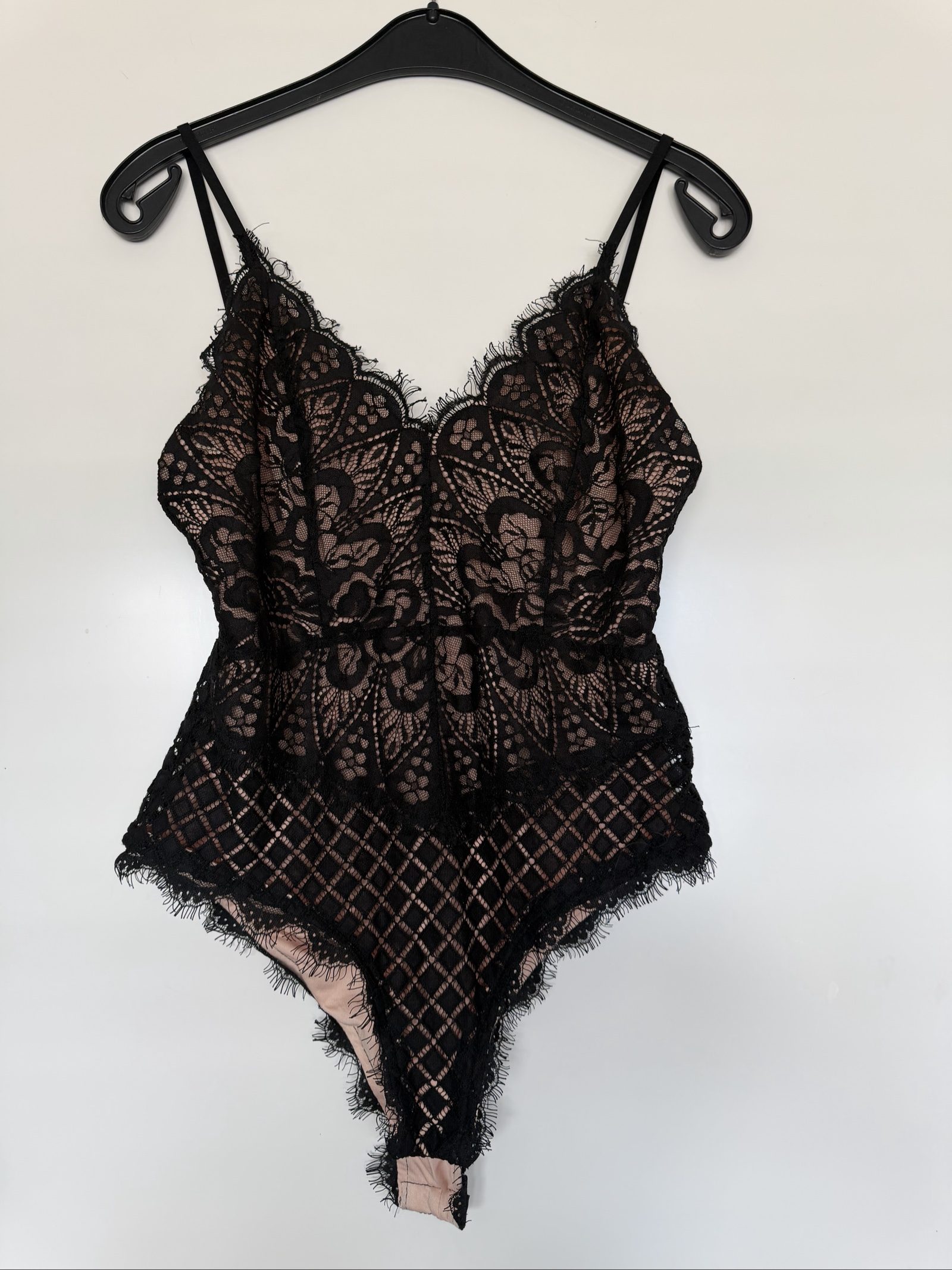 Black Lace Bodysuit Lingerie Size S/M Sheer Floral Design