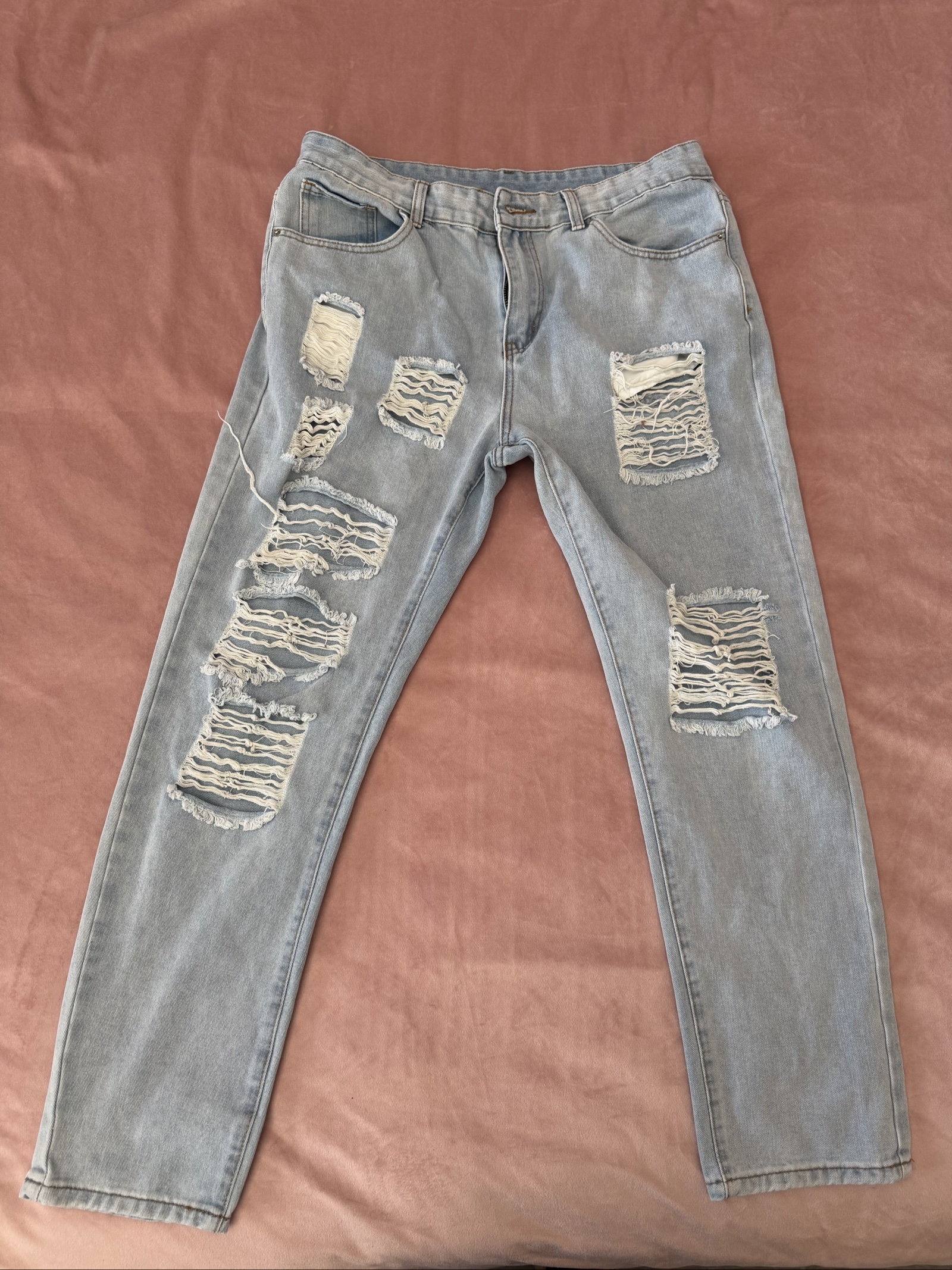 Streetwear Ripped Light Blue Denim Jeans Large