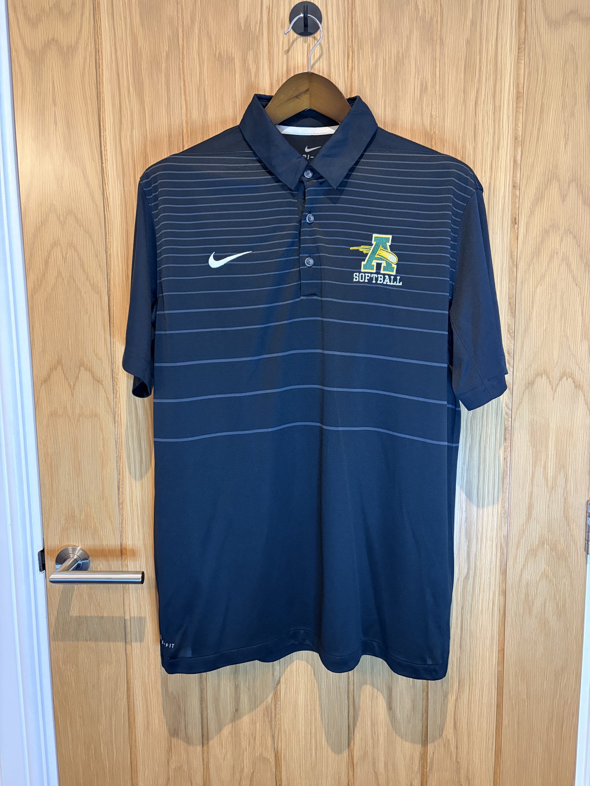 Nike Black Striped Patter Dri-Fit Polo Shirt Large Summer Embroidered Logo