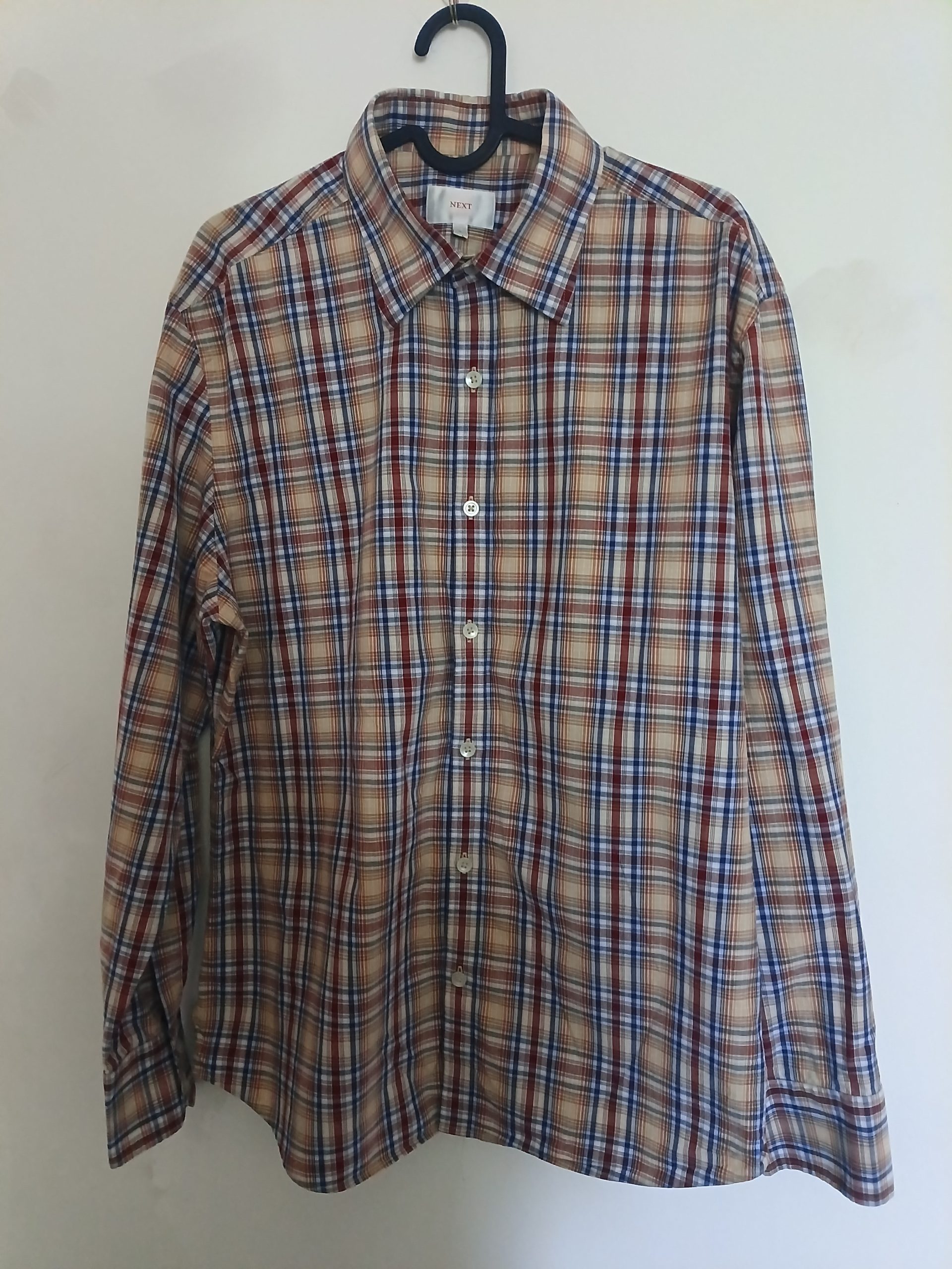 Next Mens Long Sleeve Double Button Cuff Collard Checked Shirt Size L