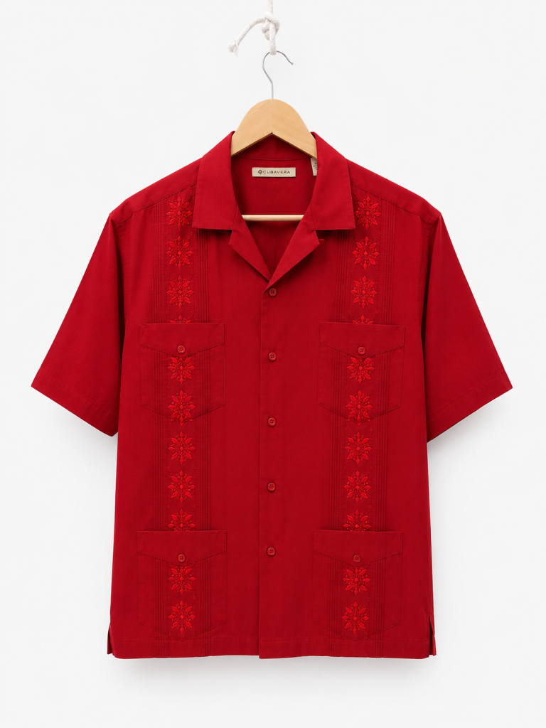 Havanera Red Embroidered Cuban Shirt Large