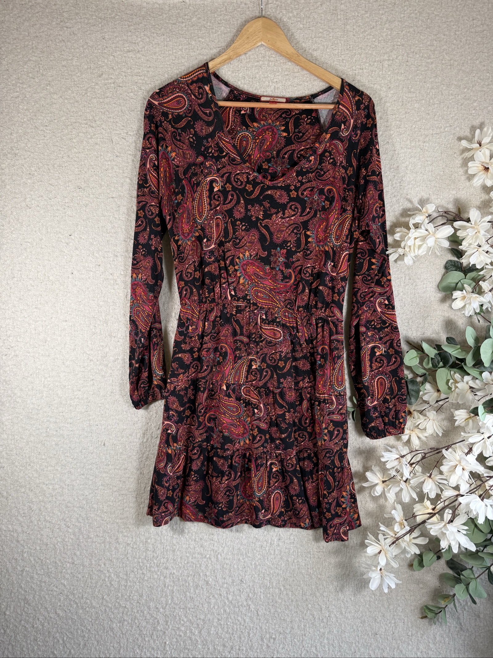 Joe Browns Black & Pink Paisley Viscose Dress UK 10 Long Sleeve Casual