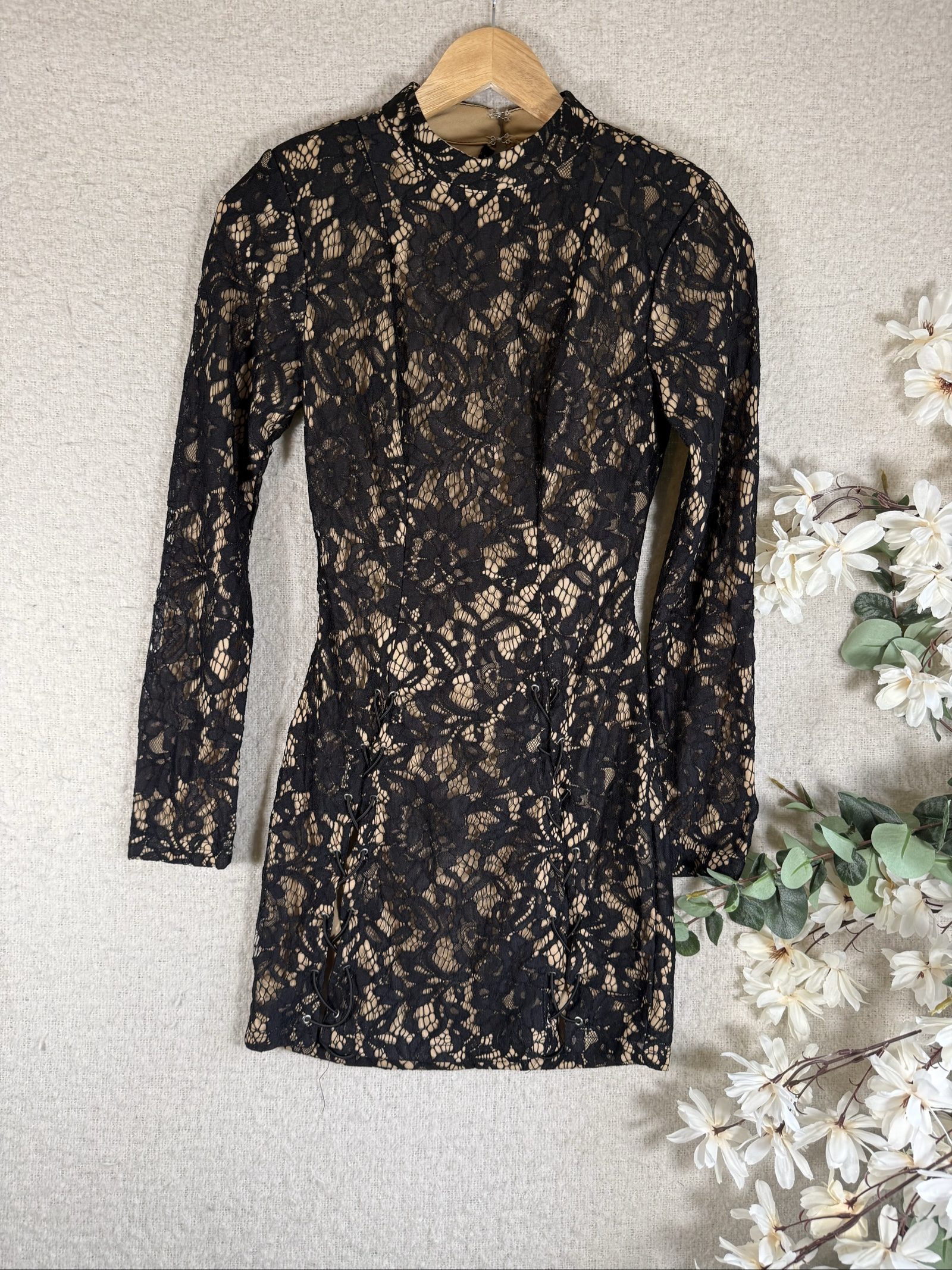 PrettyLittleThing Black Lace Bodycon Dress UK 8 Sexy Open Back Long Sleeve