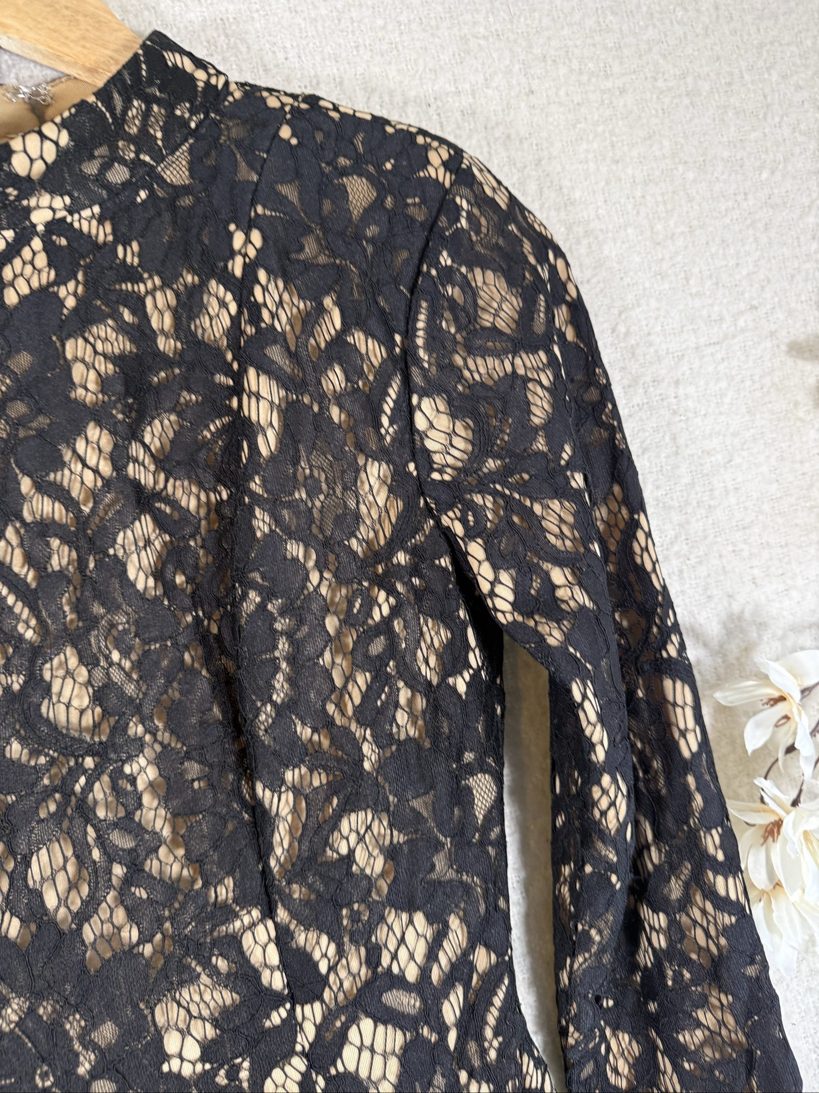 PrettyLittleThing Black Lace Bodycon Dress UK 8 Sexy Open Back Long Sleeve image 2