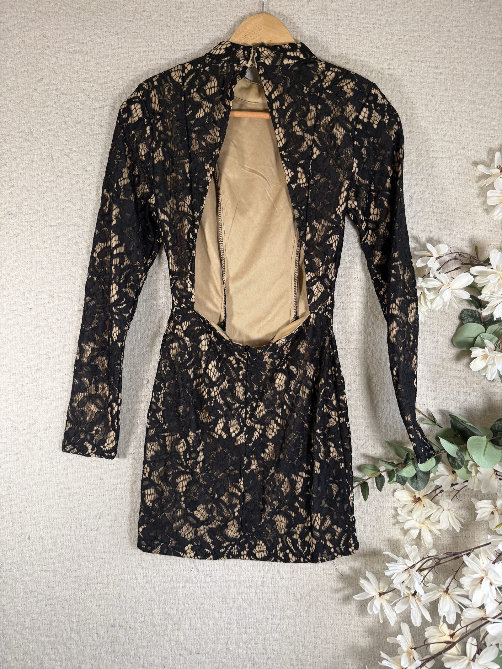 PrettyLittleThing Black Lace Bodycon Dress UK 8 Sexy Open Back Long Sleeve image 4