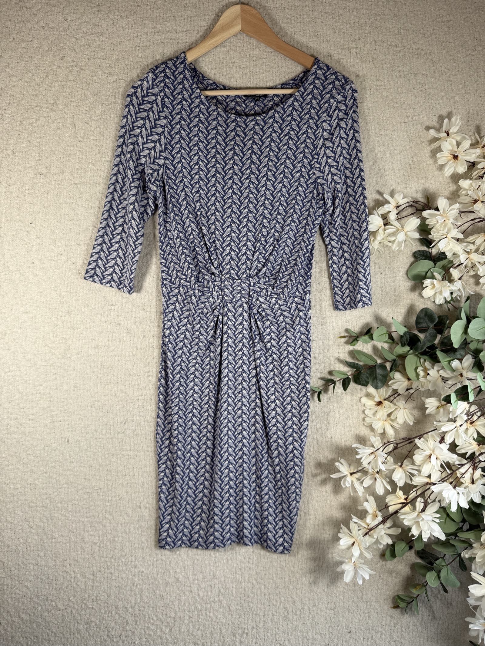 Warehouse Navy & White Bird Print Cotton Knee Length Dress UK 10 Stylish Casual