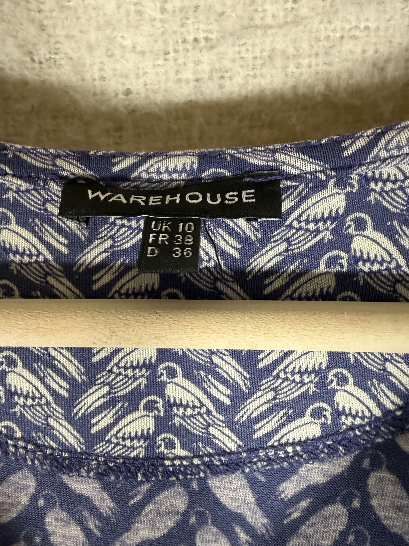 Warehouse Navy & White Bird Print Cotton Knee Length Dress UK 10 Stylish Casual image 2
