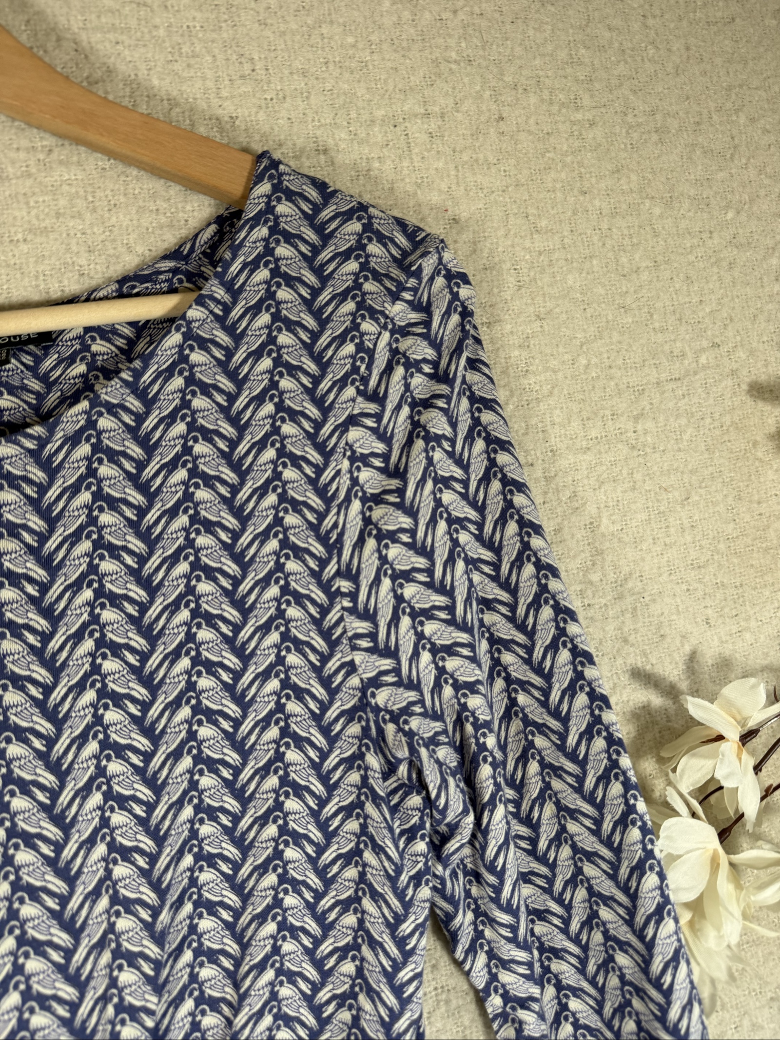 Warehouse Navy & White Bird Print Cotton Knee Length Dress UK 10 Stylish Casual image 3