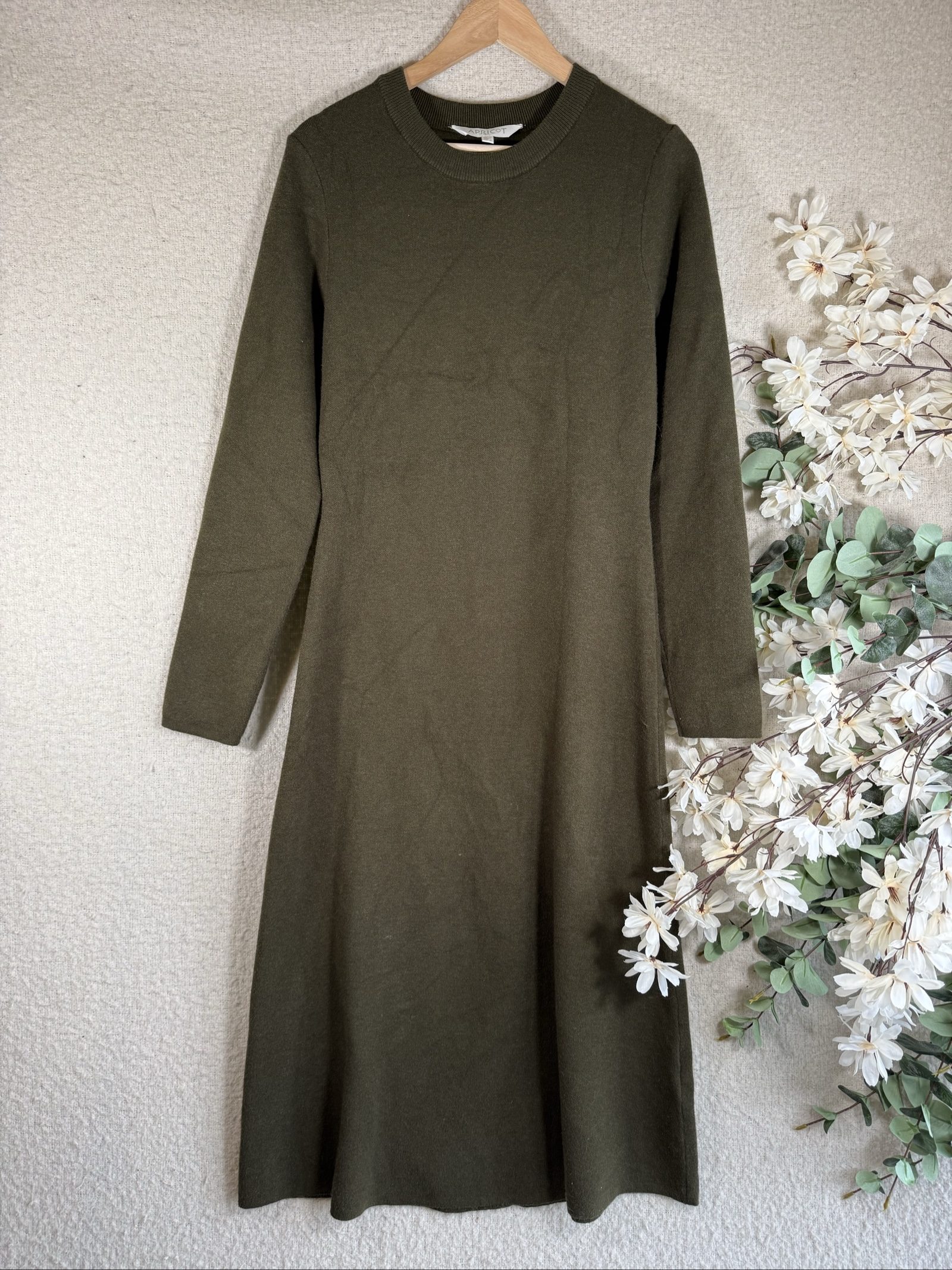 Apricot Khaki Green Cotton Blend Knit Midi Dress UK 14 Long Sleeve Casual