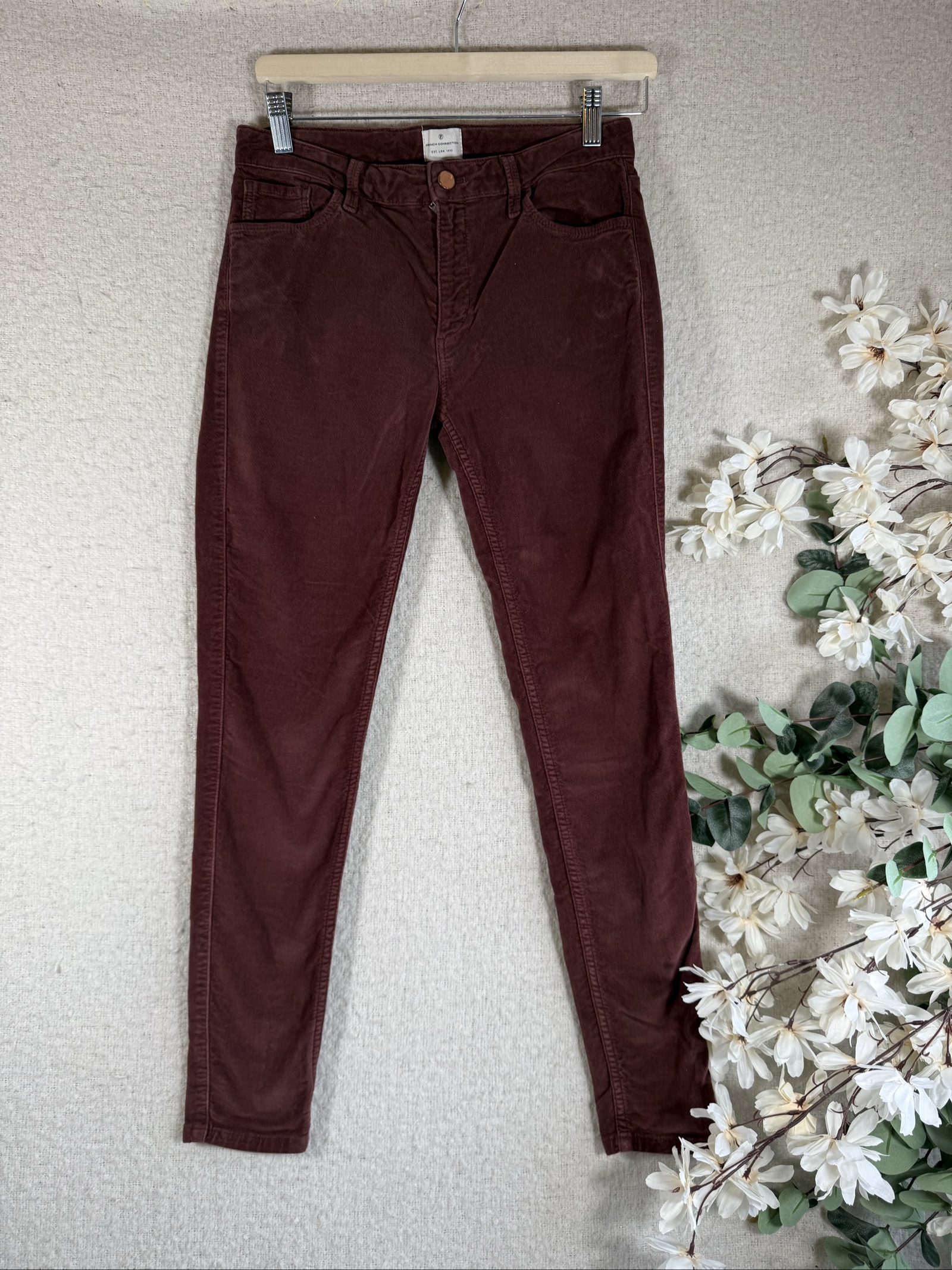 French Connection Burgundy Cotton Skinny Jeans UK 10 Classic Fit Power Skinny