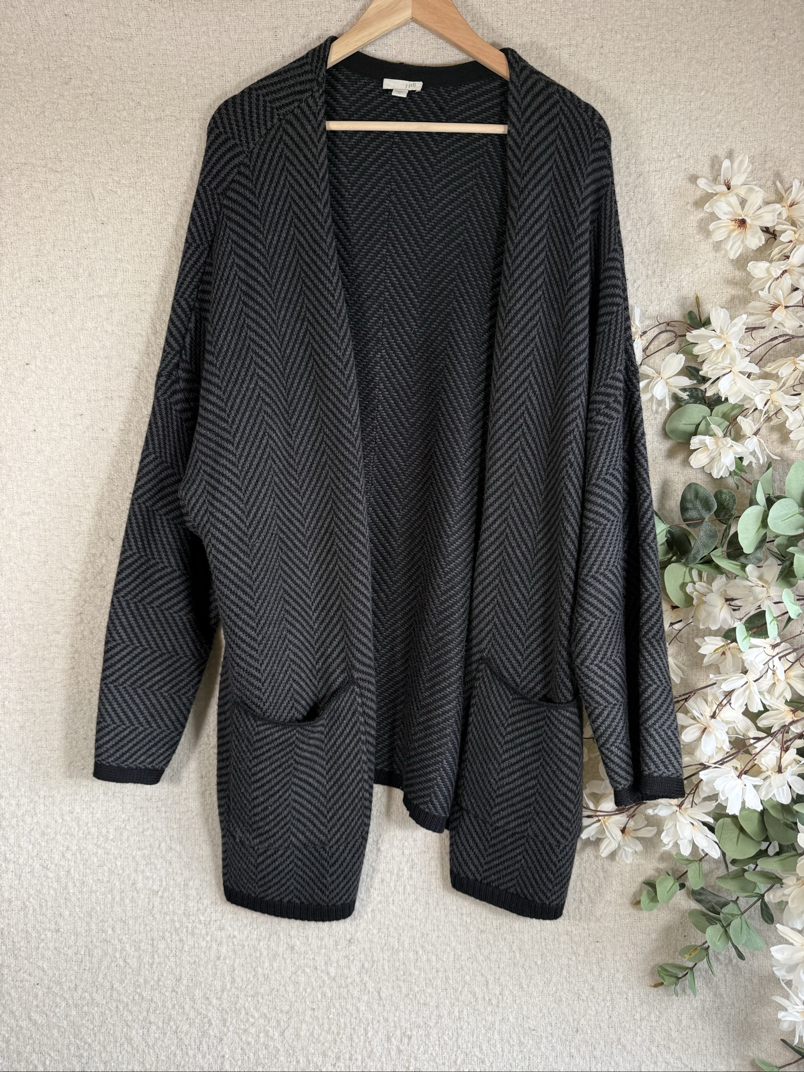 J. Jill Black & Grey Wool Cotton Acrylic Blend Cardigan Sweater UK XL Soft Warm