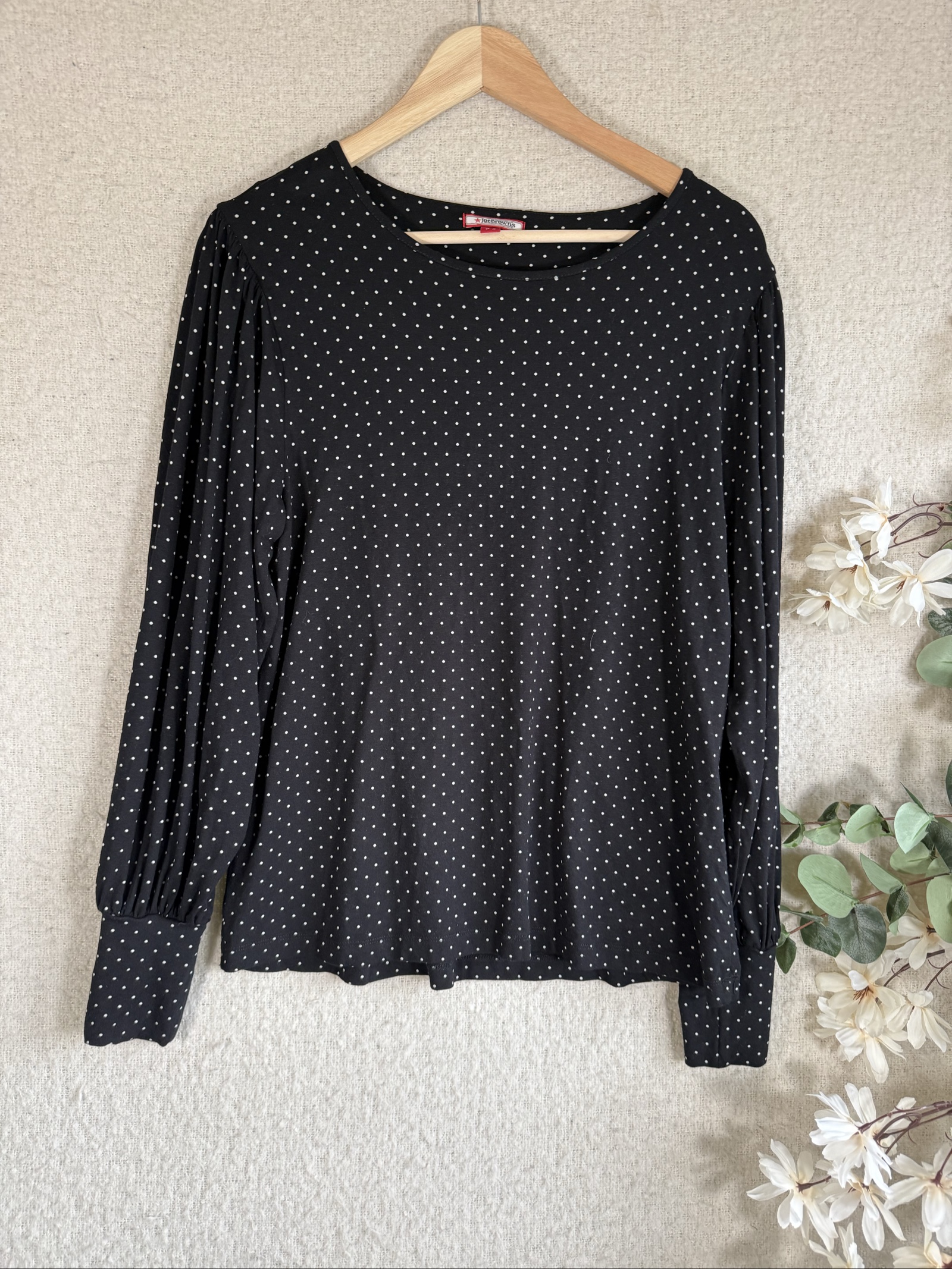 Joe Browns Black & White Polka Dot Viscose & Elastane Top UK 16 Long Sleeve