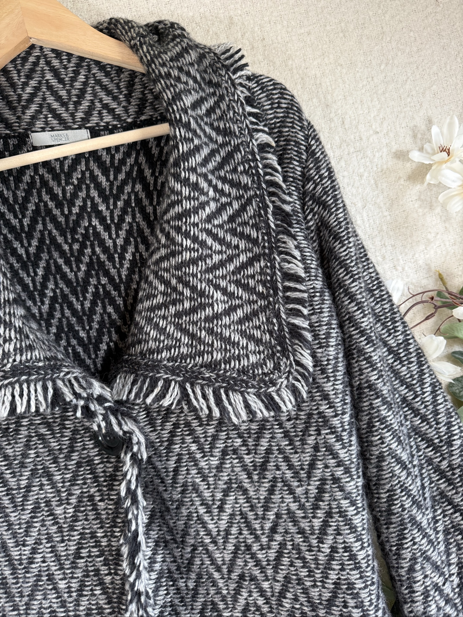 Marks & Spencer Black & Grey Wool Blend Zigzag Fringe Collar Jacket UK 14 image 3