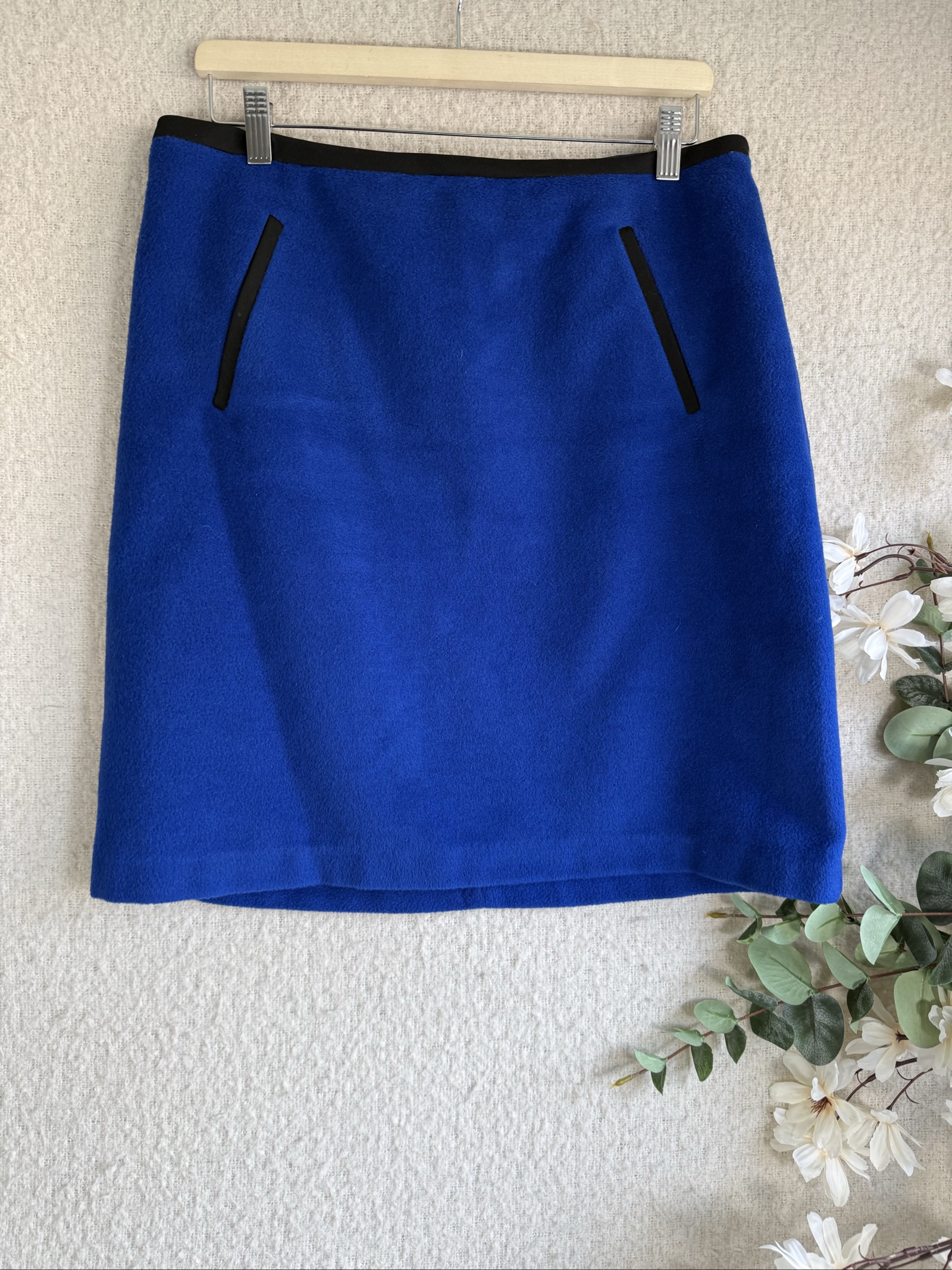 M&S Blue Wool Blend Straight Skirt UK 14 Black Trim Classic Casual