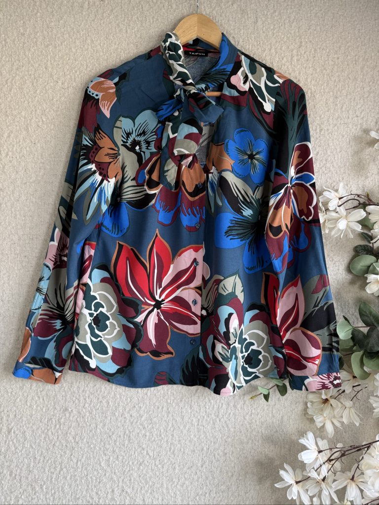 Taifun Blue Multi Floral Silk Blouse UK 14 Elegant Long Sleeve Shirt