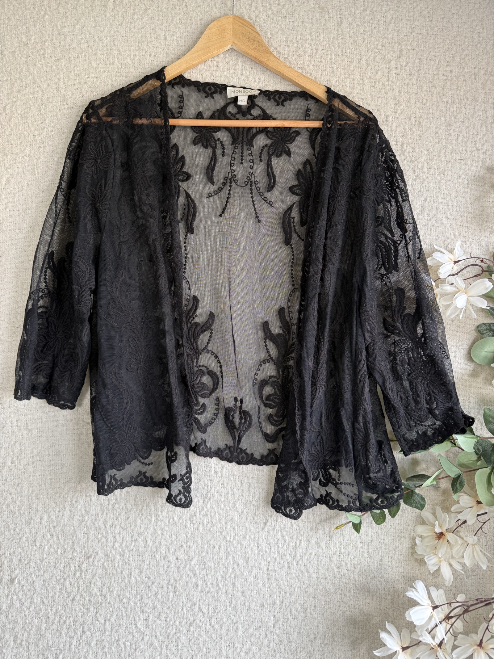 Monsoon Black Cotton & Nylon Mesh Lace Open Front Cardigan Jacket UK M/L Elegant