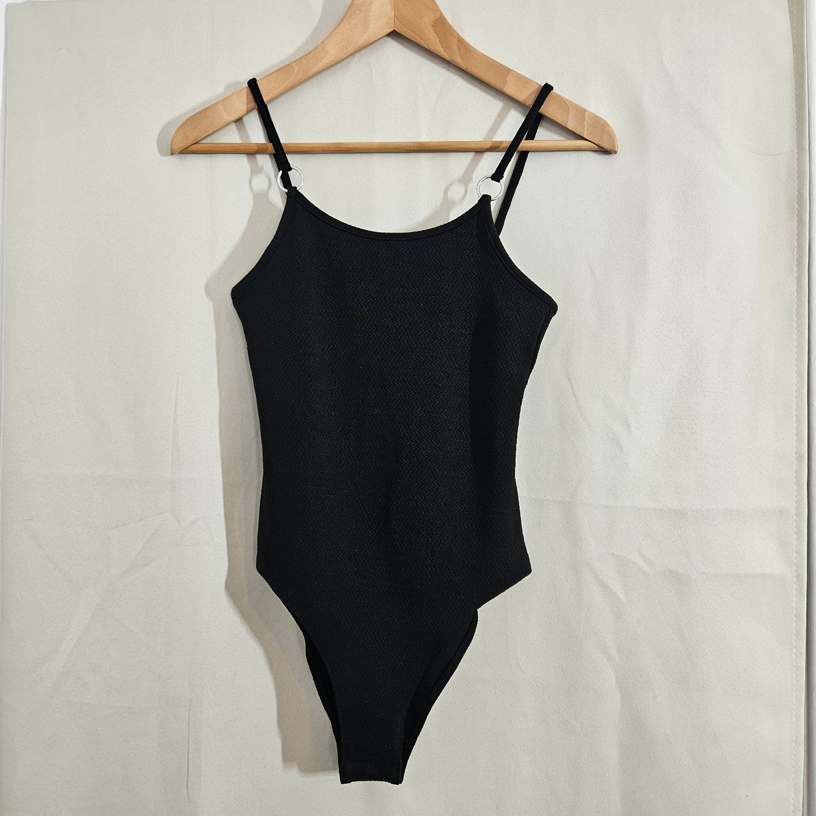 Topshop Black Textured Bodysuit UK 8 Silver Ring Straps
