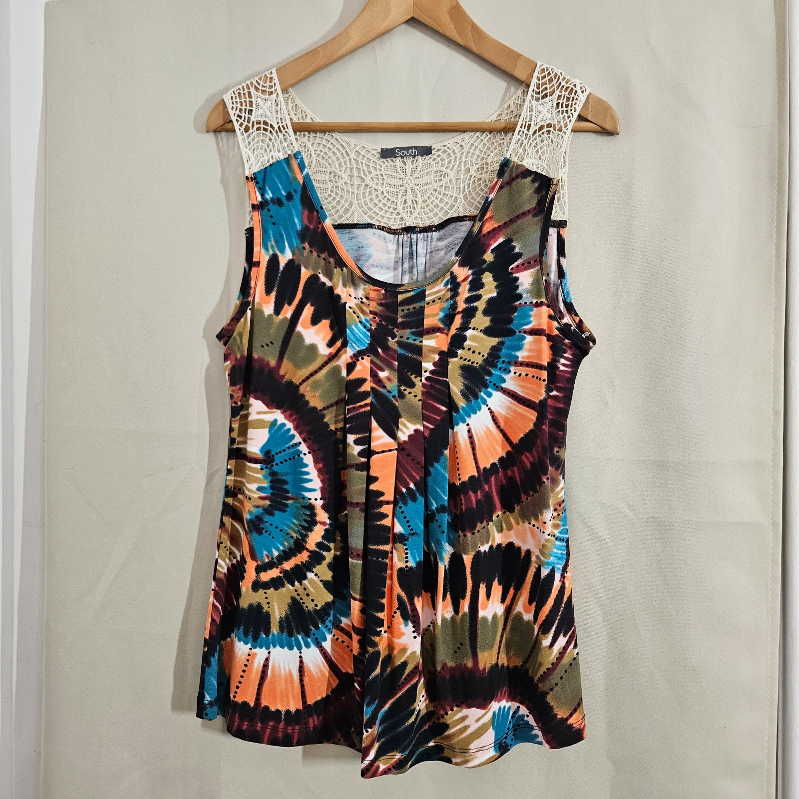 South Multicolour Tie-Dye Pattern Crochet Trim Vest Top UK 14