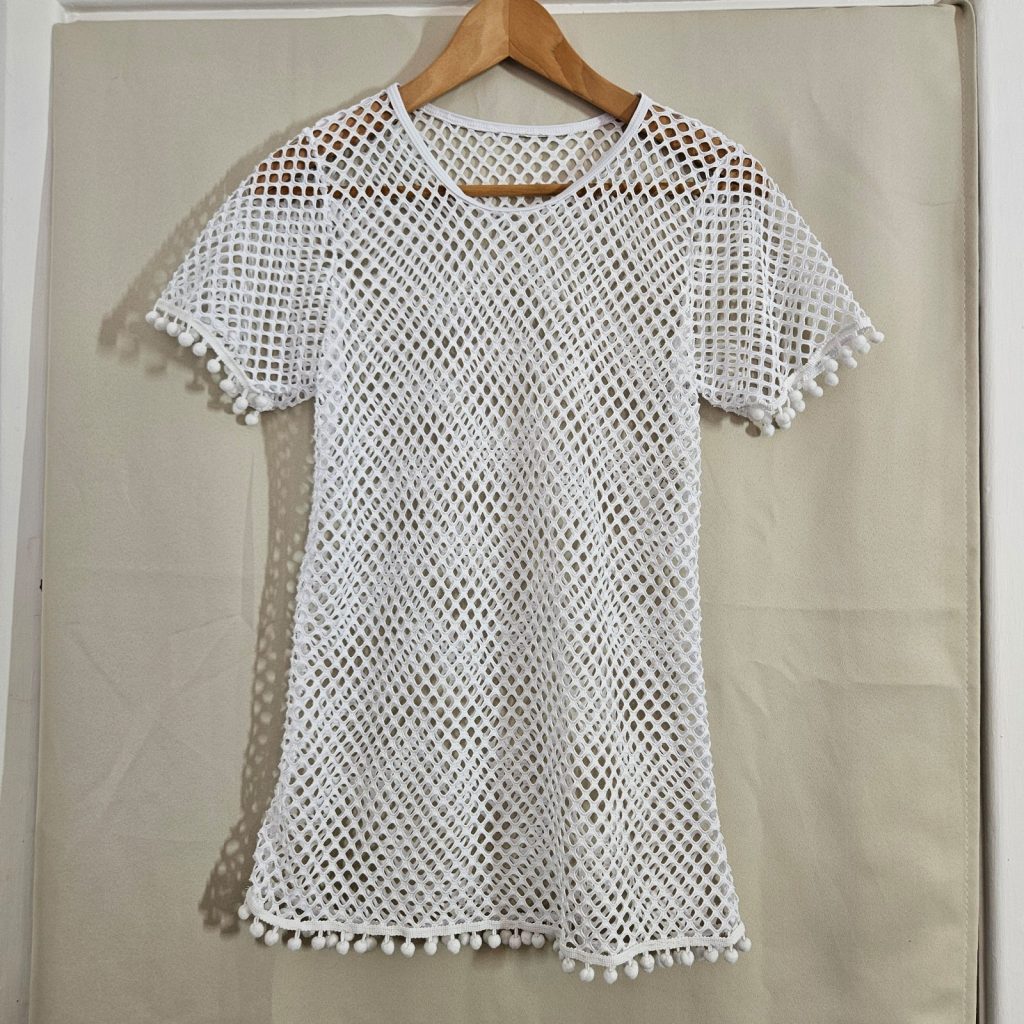 Shein White Mesh Pom Pom Trim Top UK 8