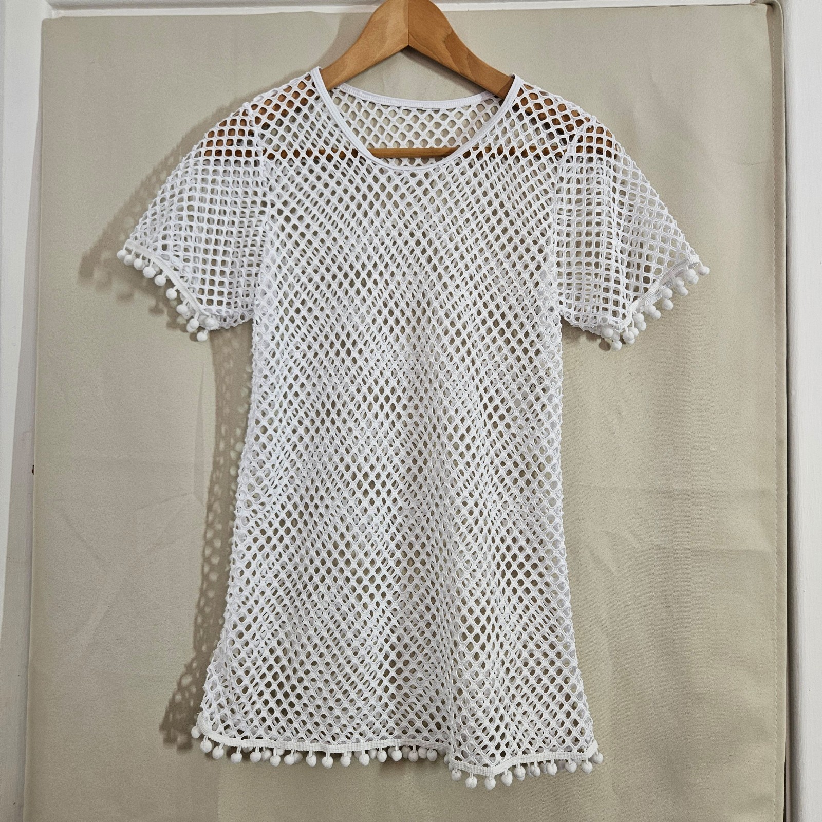 Shein White Mesh Pom Pom Trim Top UK 8