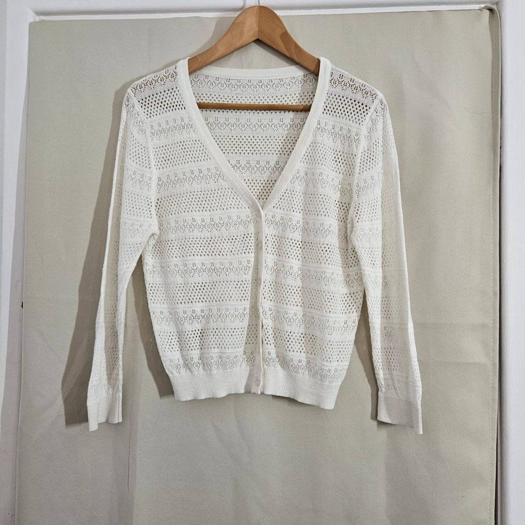White Crochet Knit Cardigan Medium Lightweight Floral Pattern