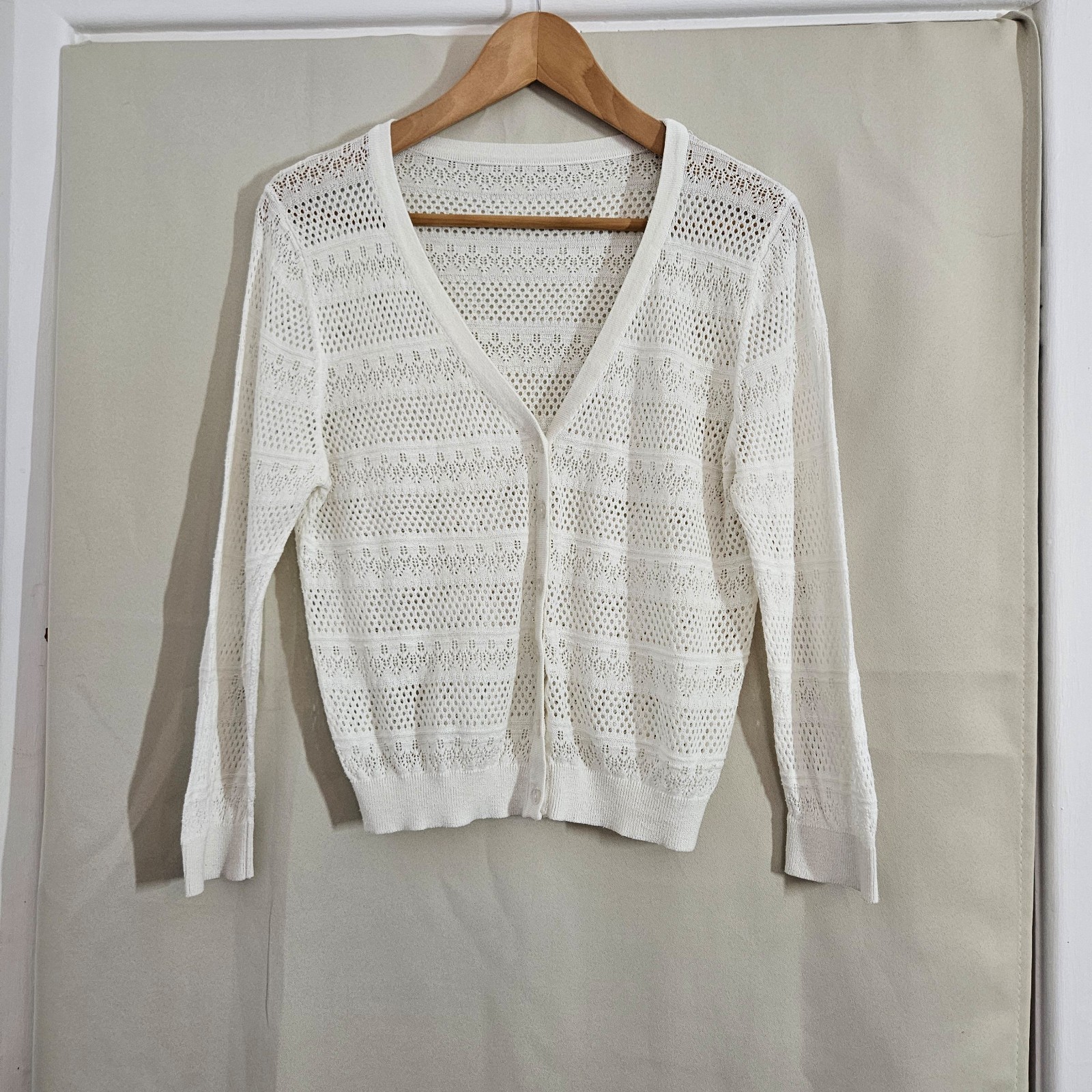 White Crochet Knit Cardigan Medium Lightweight Floral Pattern