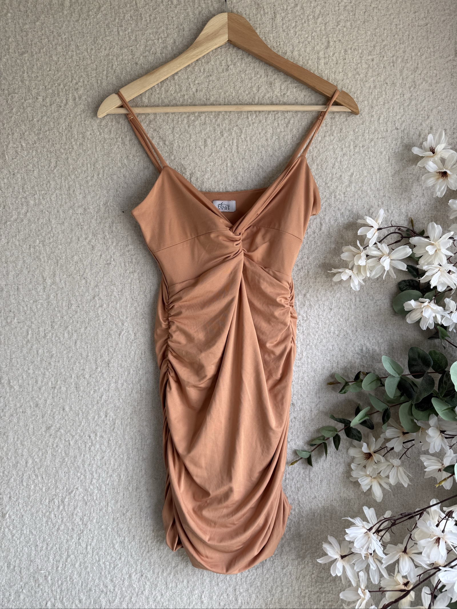 Oh Polly Tan Ruched Midi Dress UK 14 Soft Stretch Polyester Elastane