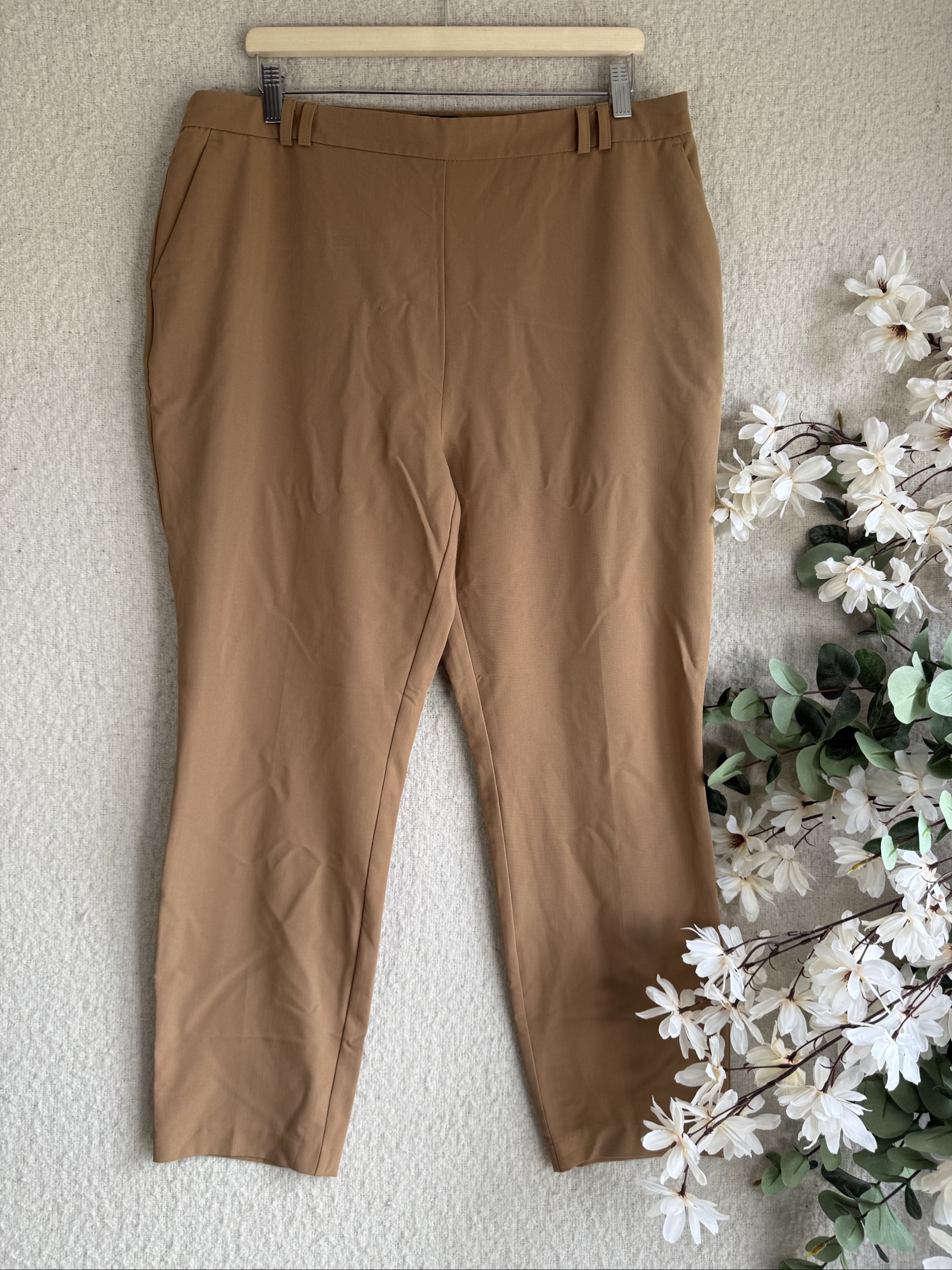 Dorothy Perkins Camel Cotton Blend Straight Leg Trousers UK 16 Work Pants
