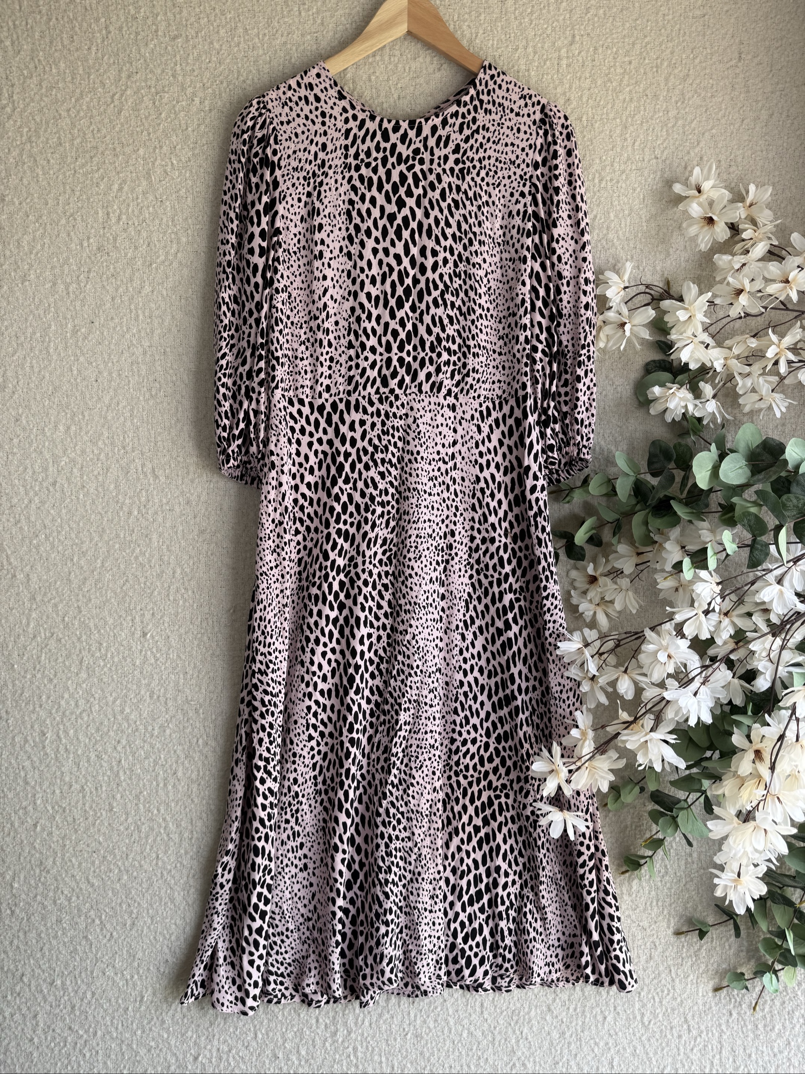 M&S Pink & Black Animal Print Midi Dress UK 12 Soft 100% Viscose Elegant Fit