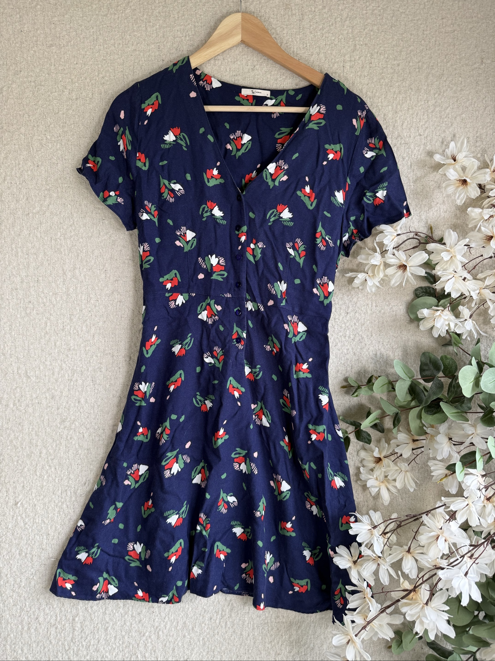 Tu Navy Floral Print V-Neck Button Front Cotton Dress UK 12 Fit & Flare