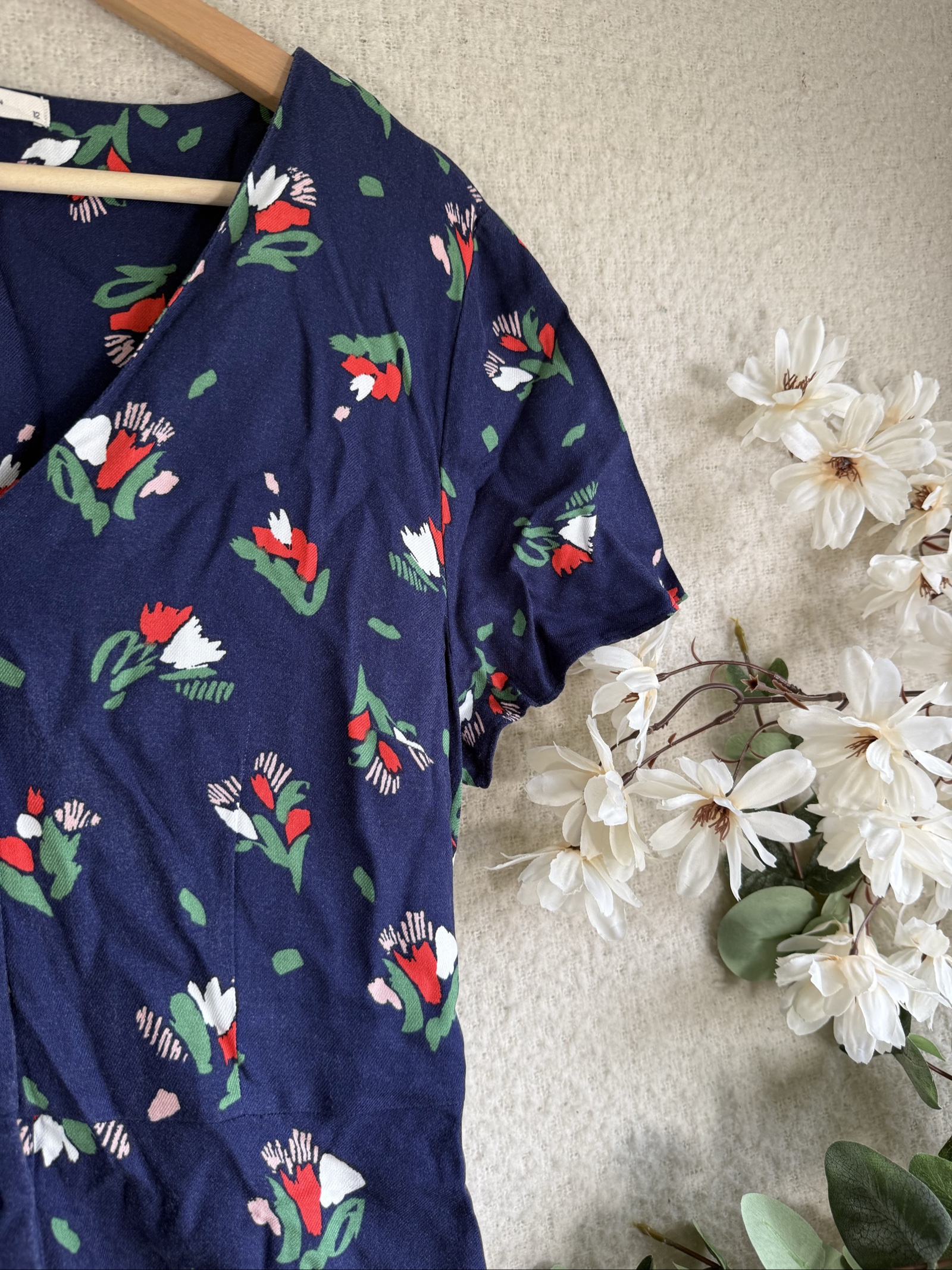 Tu Navy Floral Print V-Neck Button Front Cotton Dress UK 12 Fit & Flare image 2